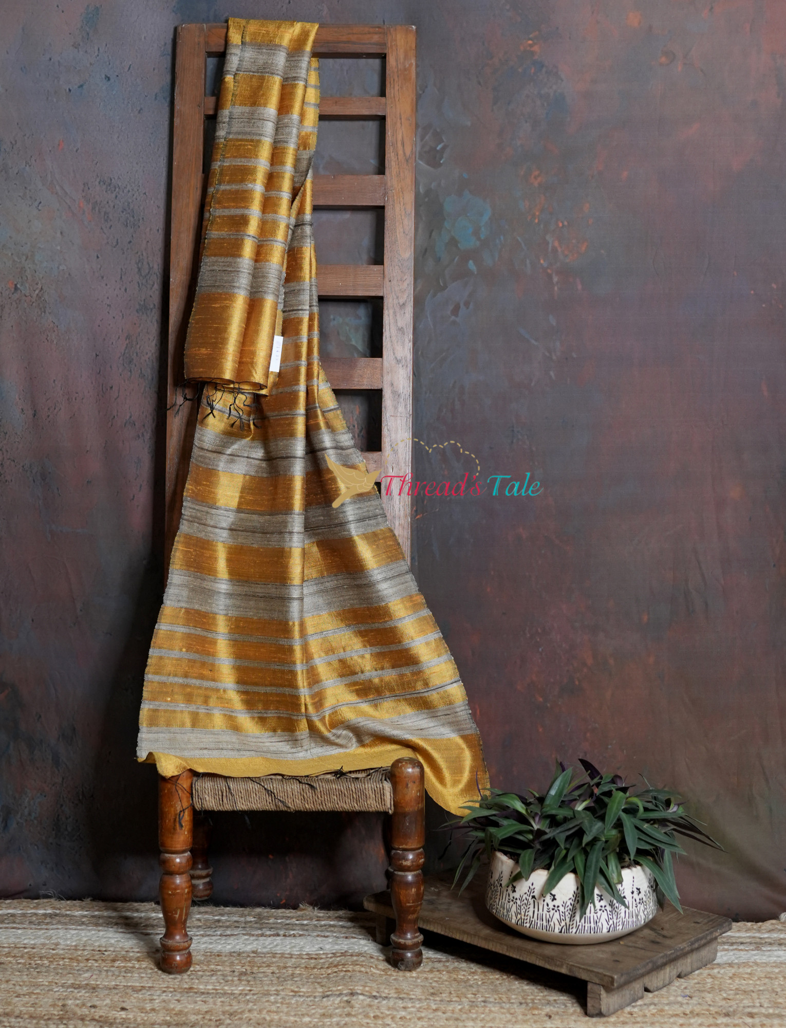 Handwoven Mustard Stole with Contrast Silver Stripes