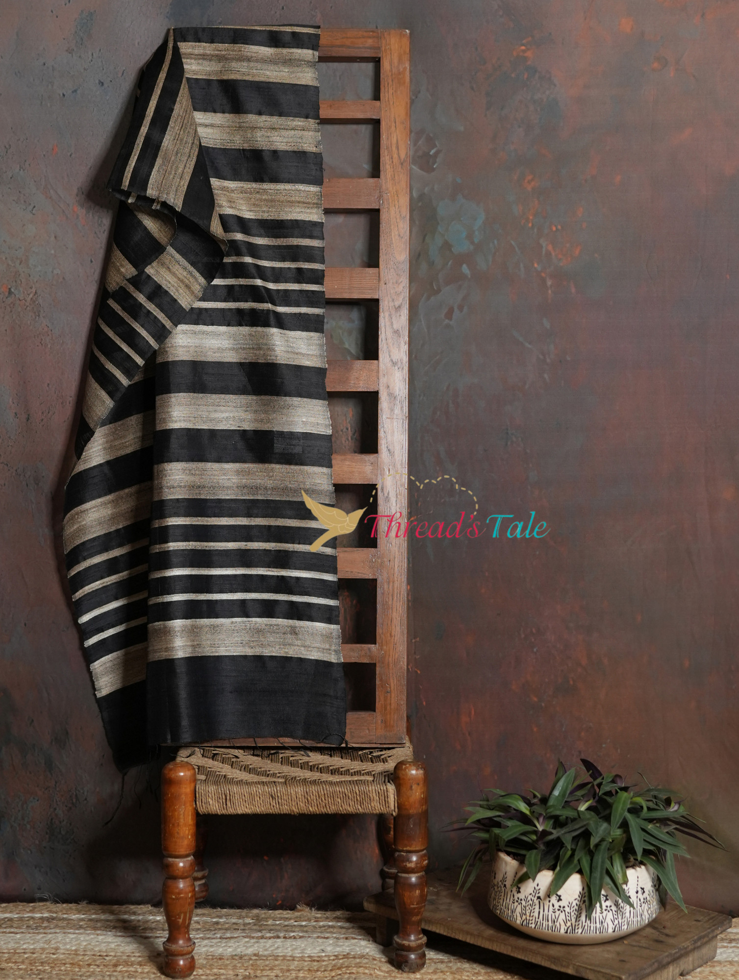 Handwoven Black Stole With Contrast Stripes