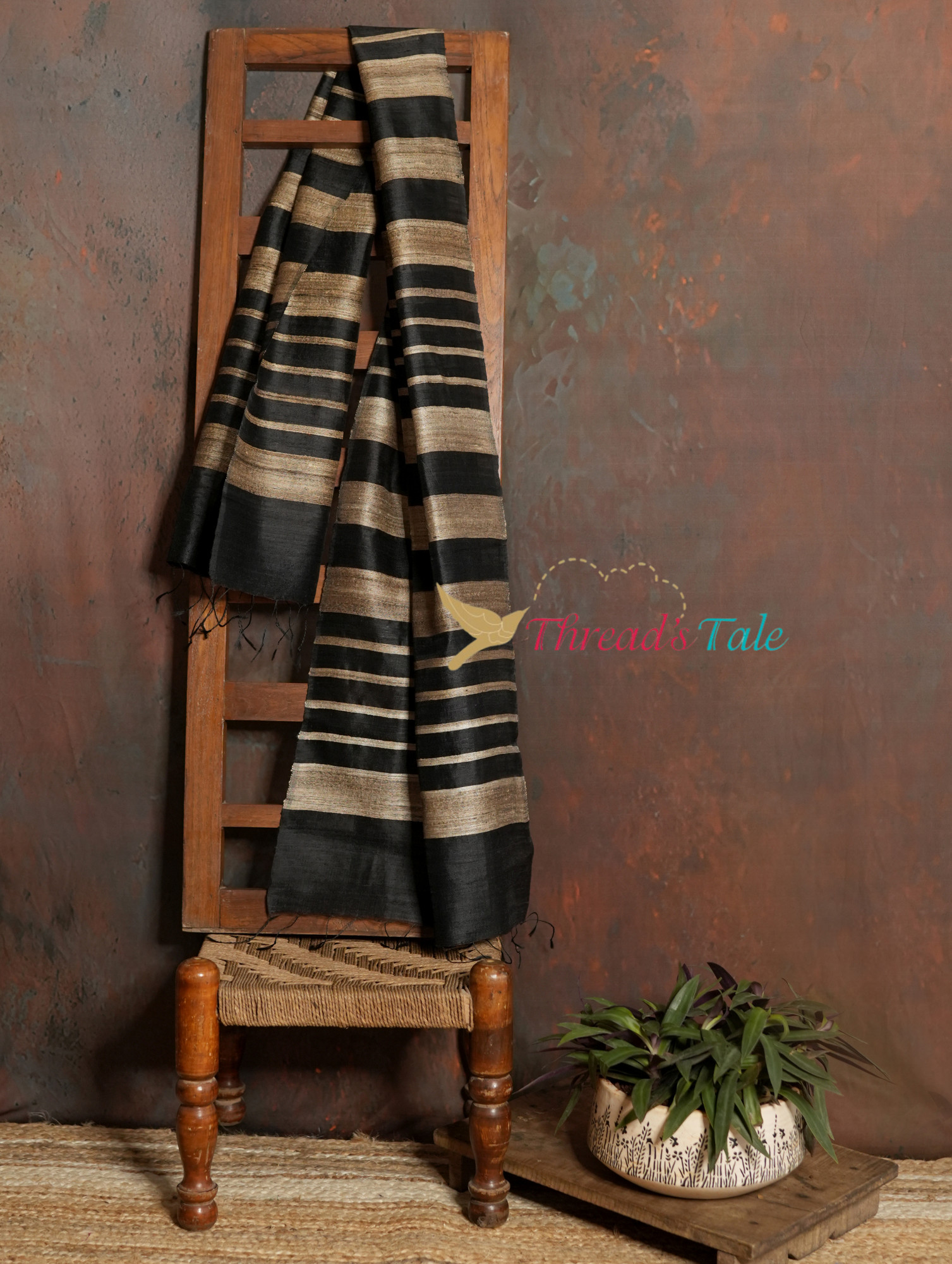 Handwoven Black Stole With Contrast Stripes