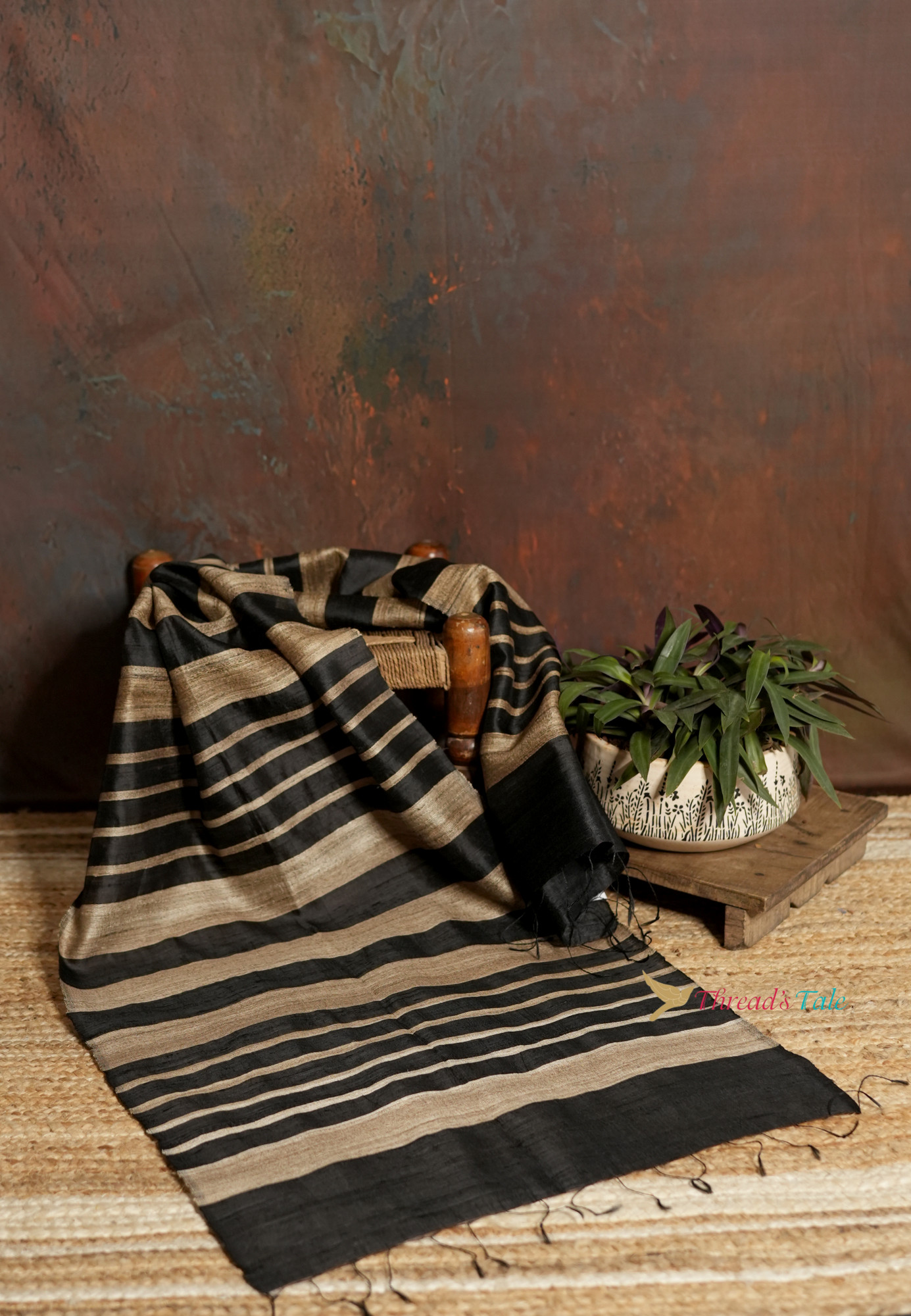 Handwoven Black Stole With Contrast Stripes