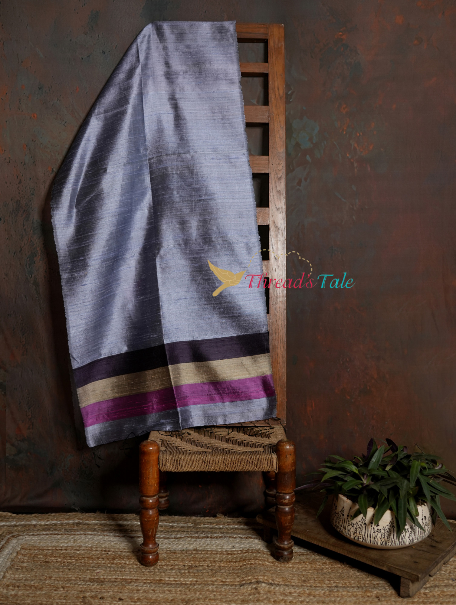 Handwoven Soft Grey Stole with Contrast Border