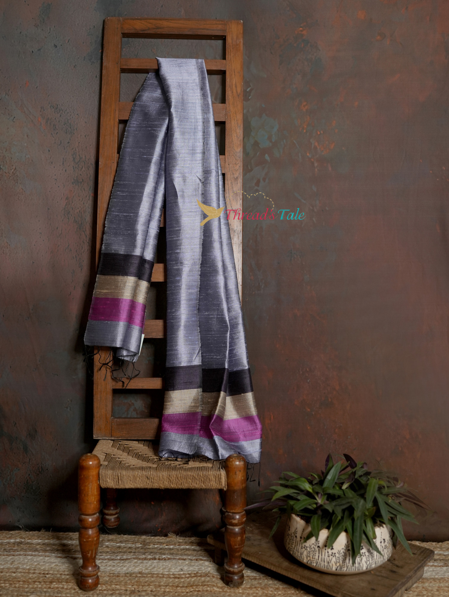 Handwoven Soft Grey Stole with Contrast Border