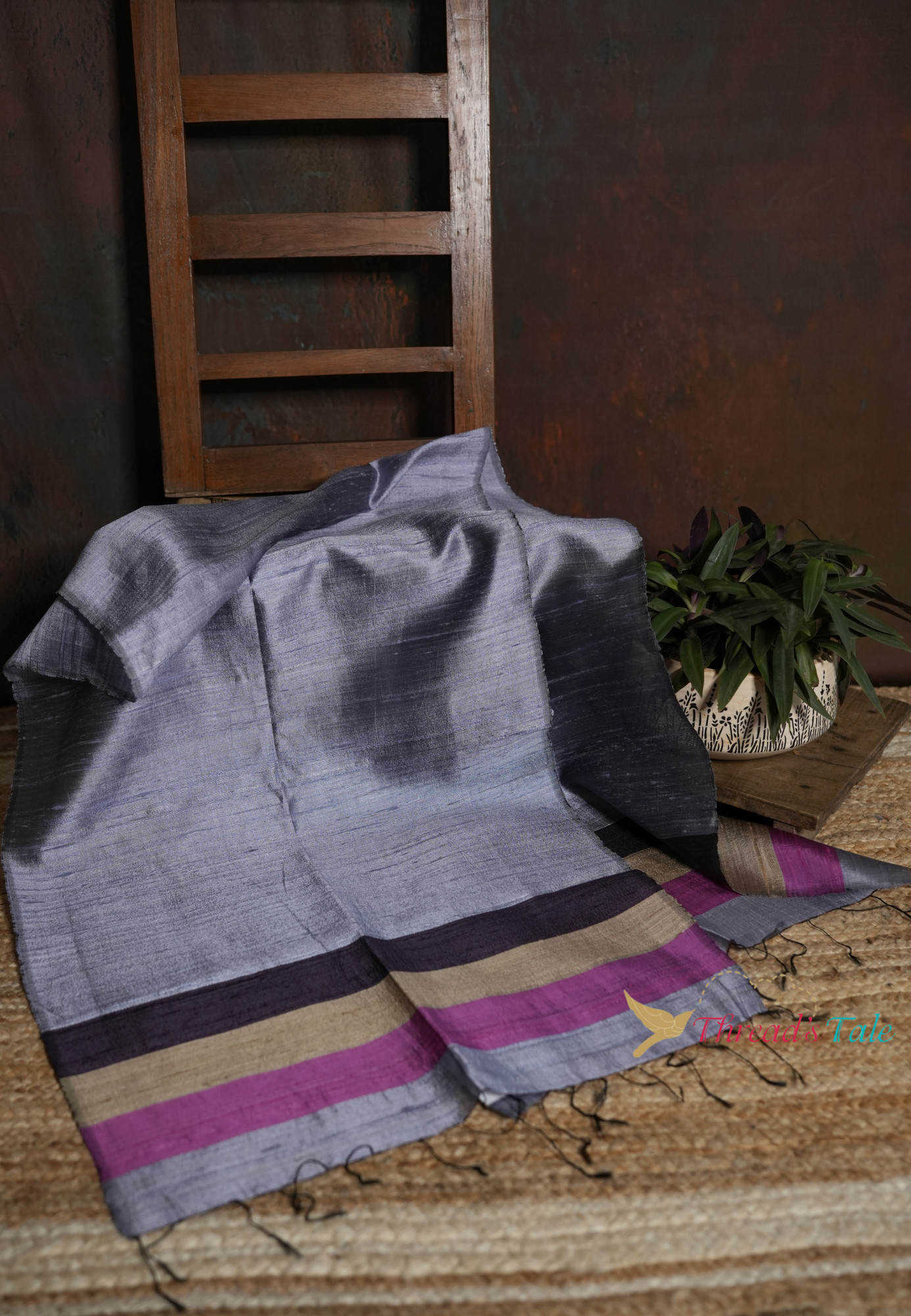 Handwoven Soft Grey Stole with Contrast Border