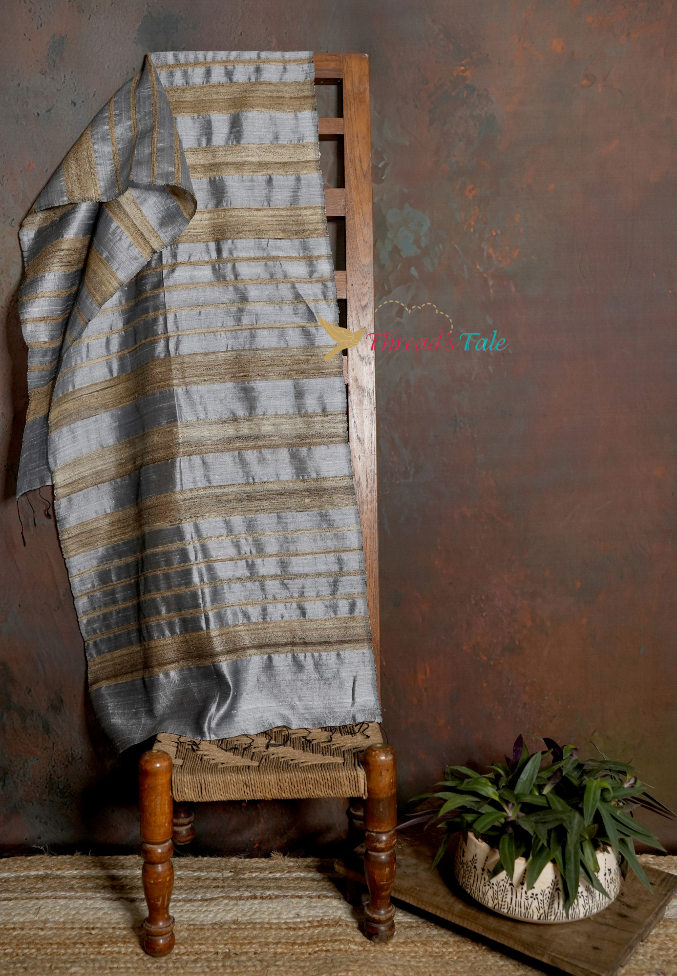 Handwoven Grey Stole with Golden Stripes