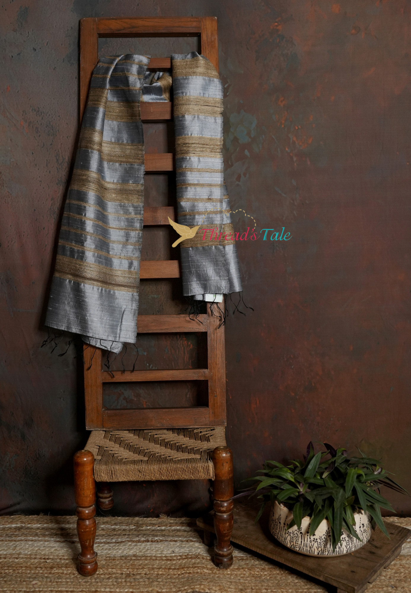 Handwoven Grey Stole with Golden Stripes