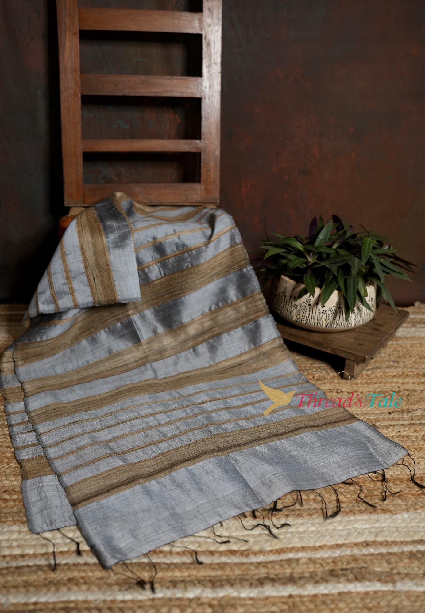 Handwoven Grey Stole with Golden Stripes