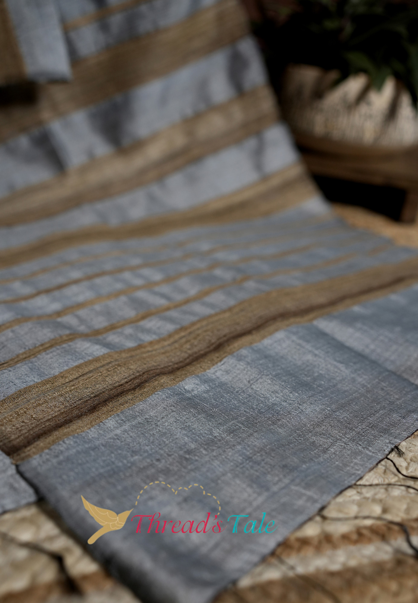 Handwoven Grey Stole with Golden Stripes