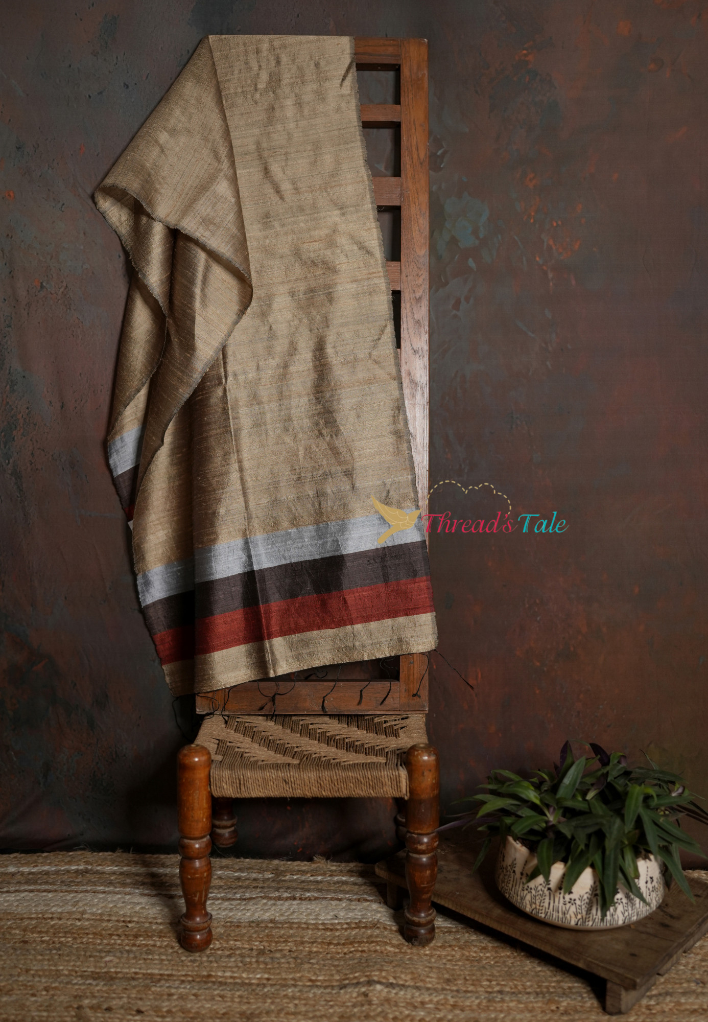 Handwoven Beige Stole with Contrast Borders