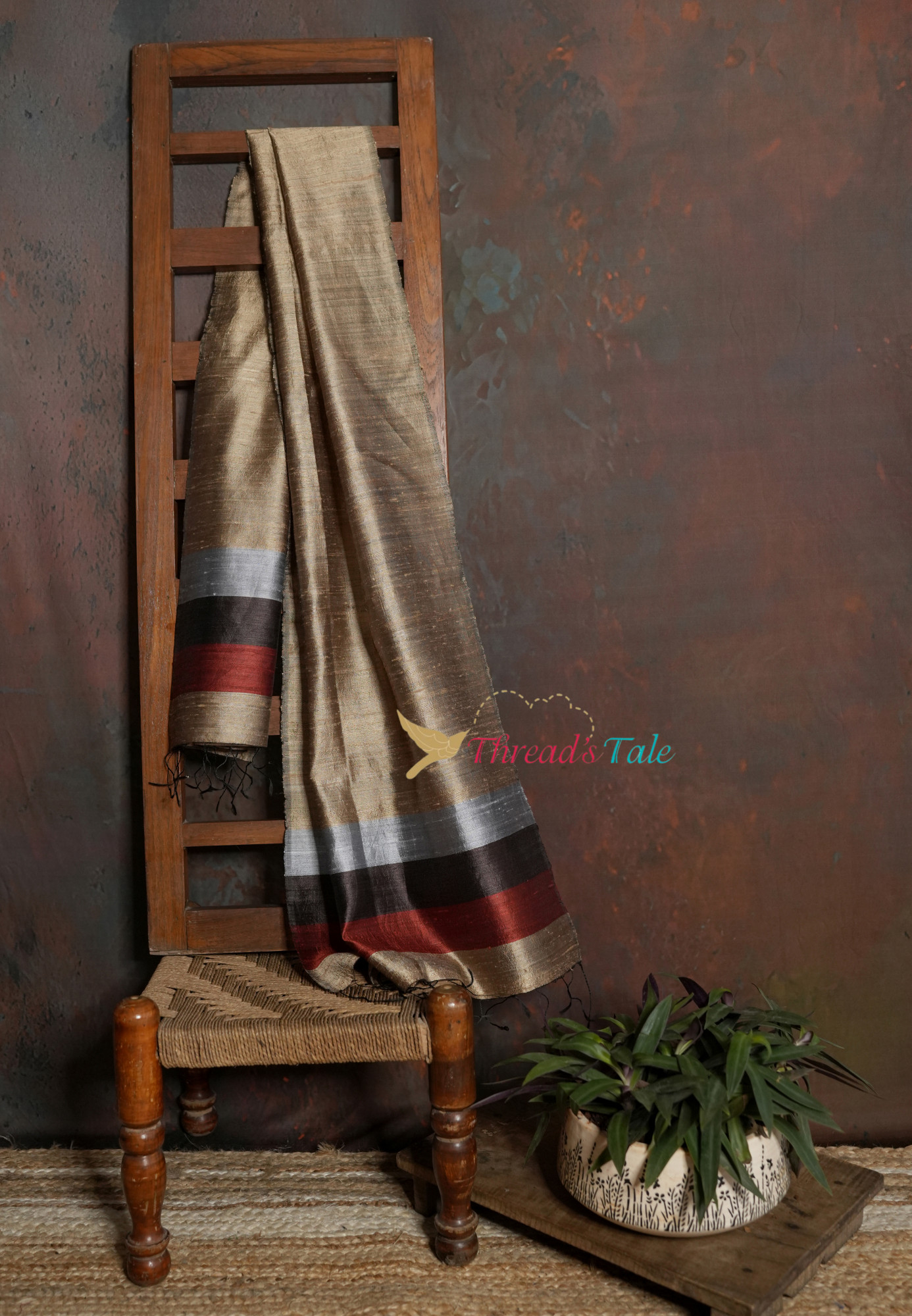 Handwoven Beige Stole with Contrast Borders