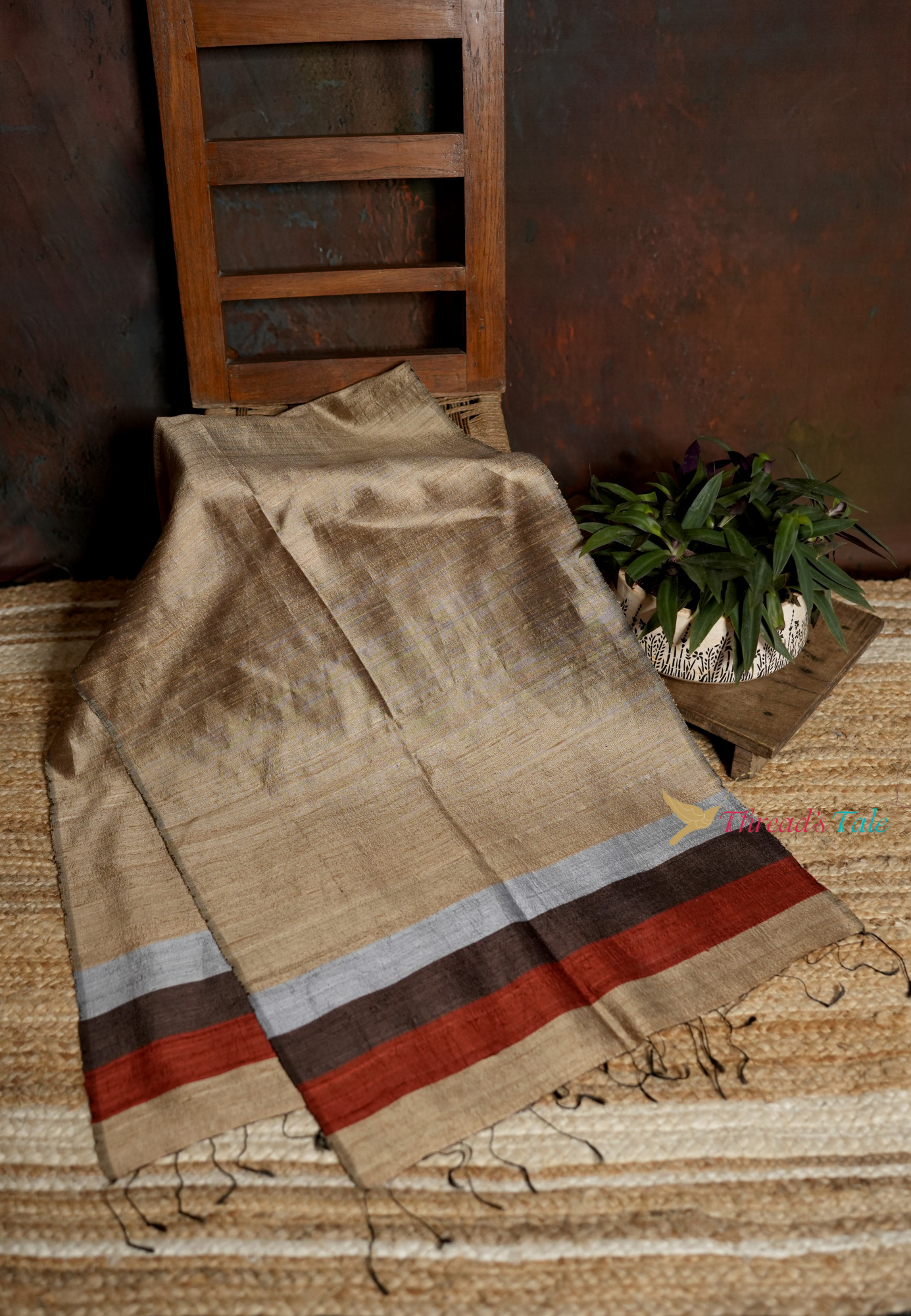 Handwoven Beige Stole with Contrast Borders