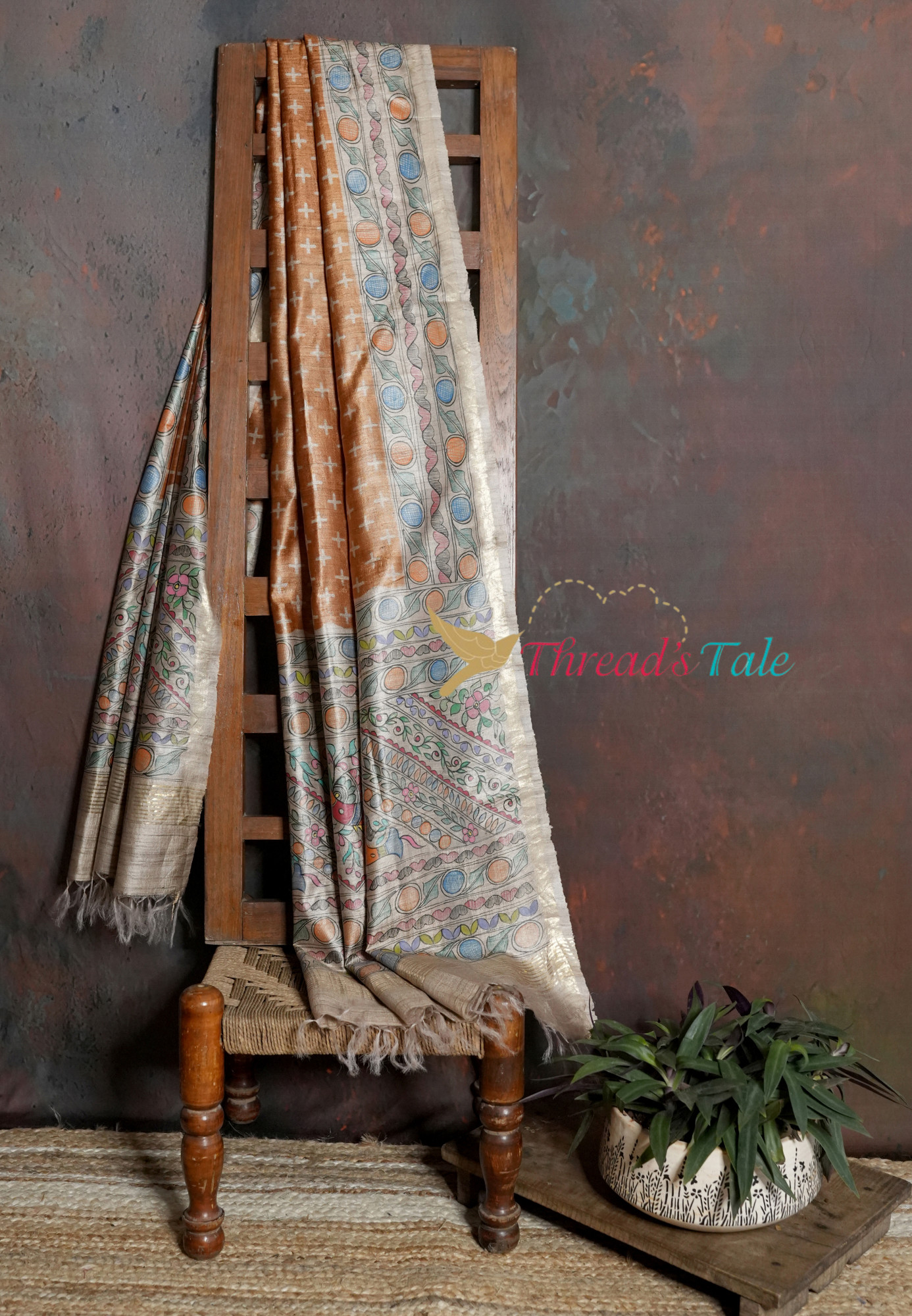 Handwoven Rust Tussar Dupatta with Hand Painted Madhubani Design