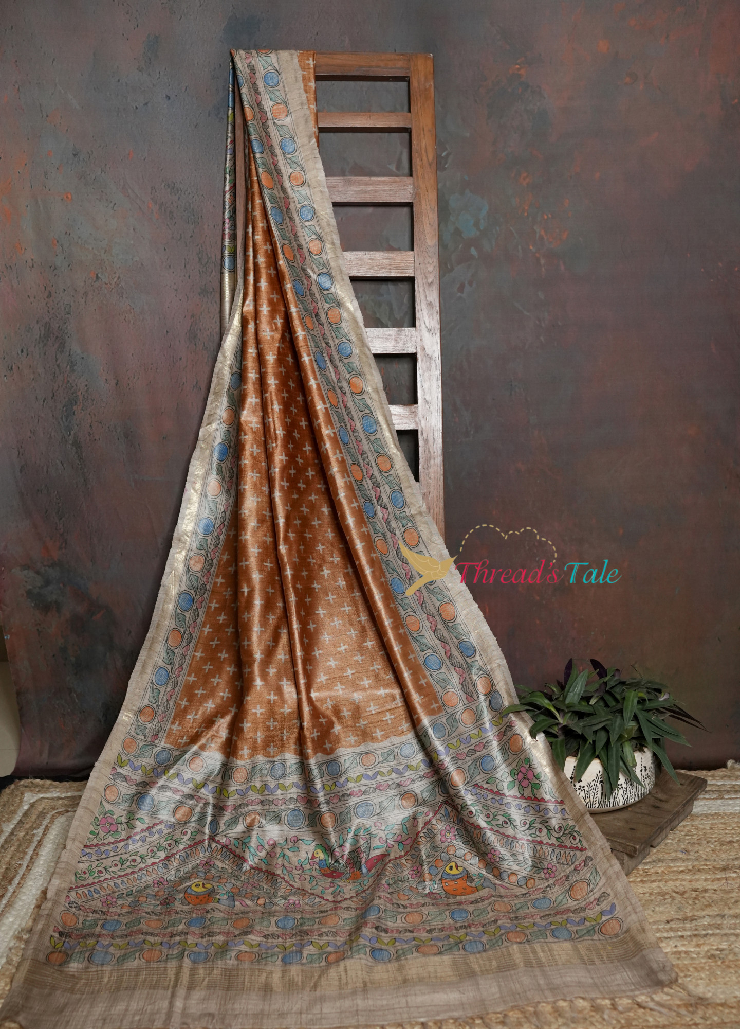 Handwoven Rust Tussar Dupatta  with  Hand Painted Madhubani Design