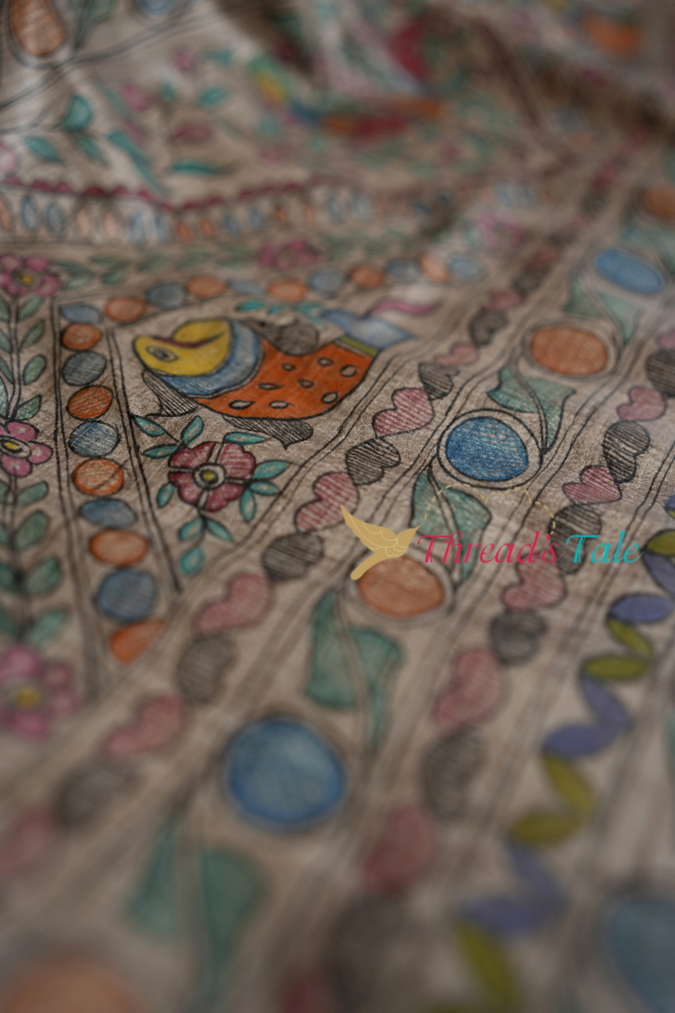 Handwoven Rust Tussar Dupatta  with  Hand Painted Madhubani Design