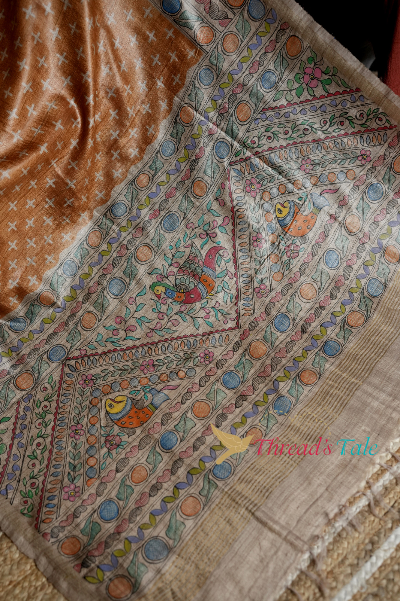 Handwoven Rust Tussar Dupatta with Hand Painted Madhubani Design