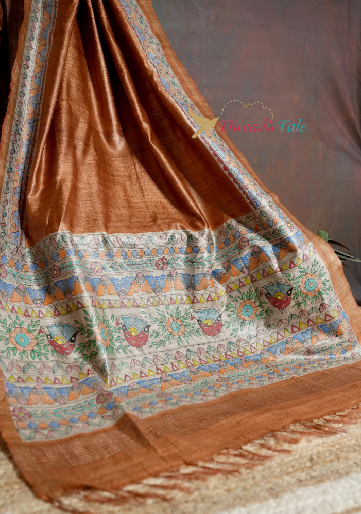 Image of Handwoven Tussar Hand Painted Madhubani Dupatta