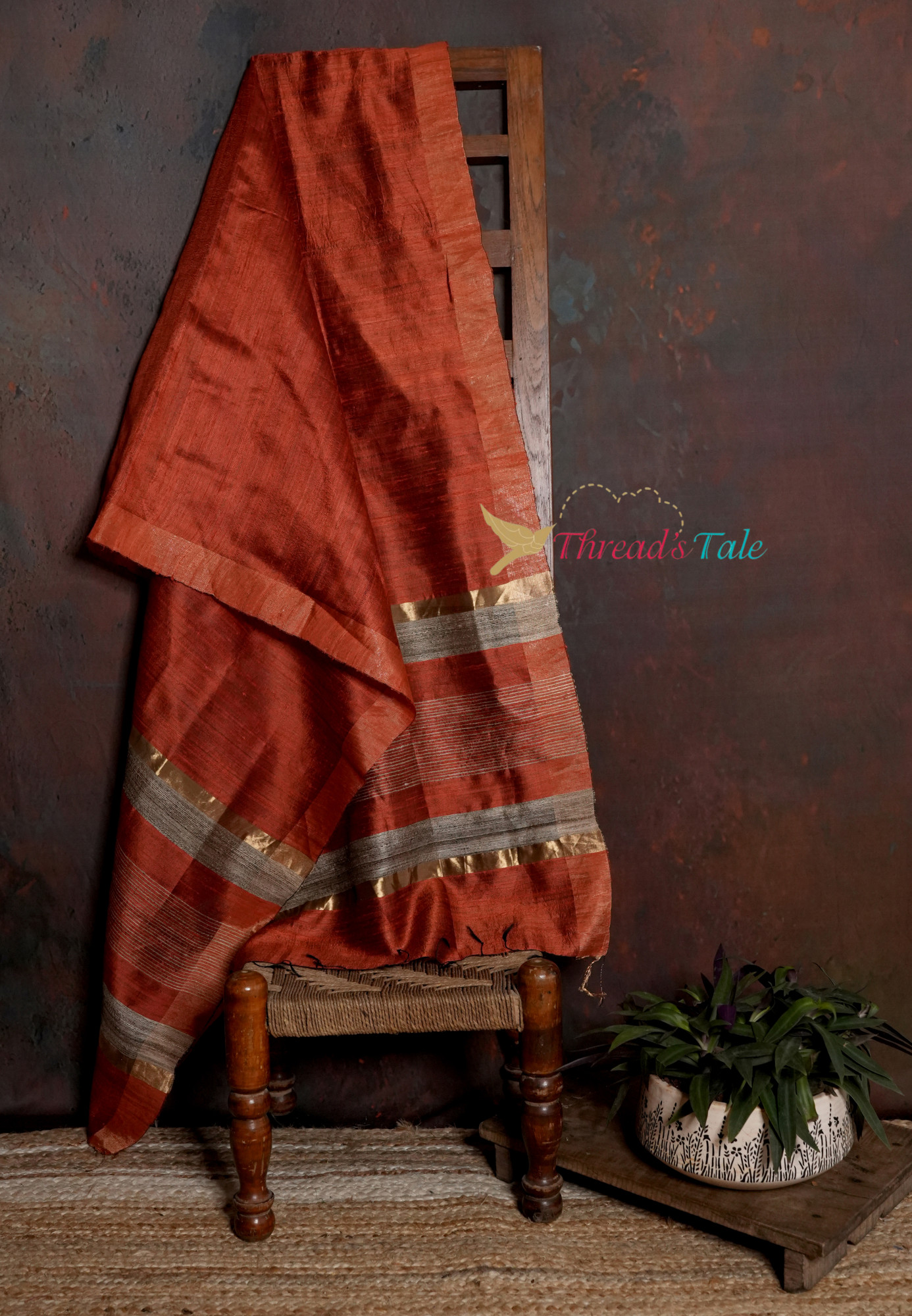 Handwoven Rust Orange Dupatta with Gold and Silver Borders
