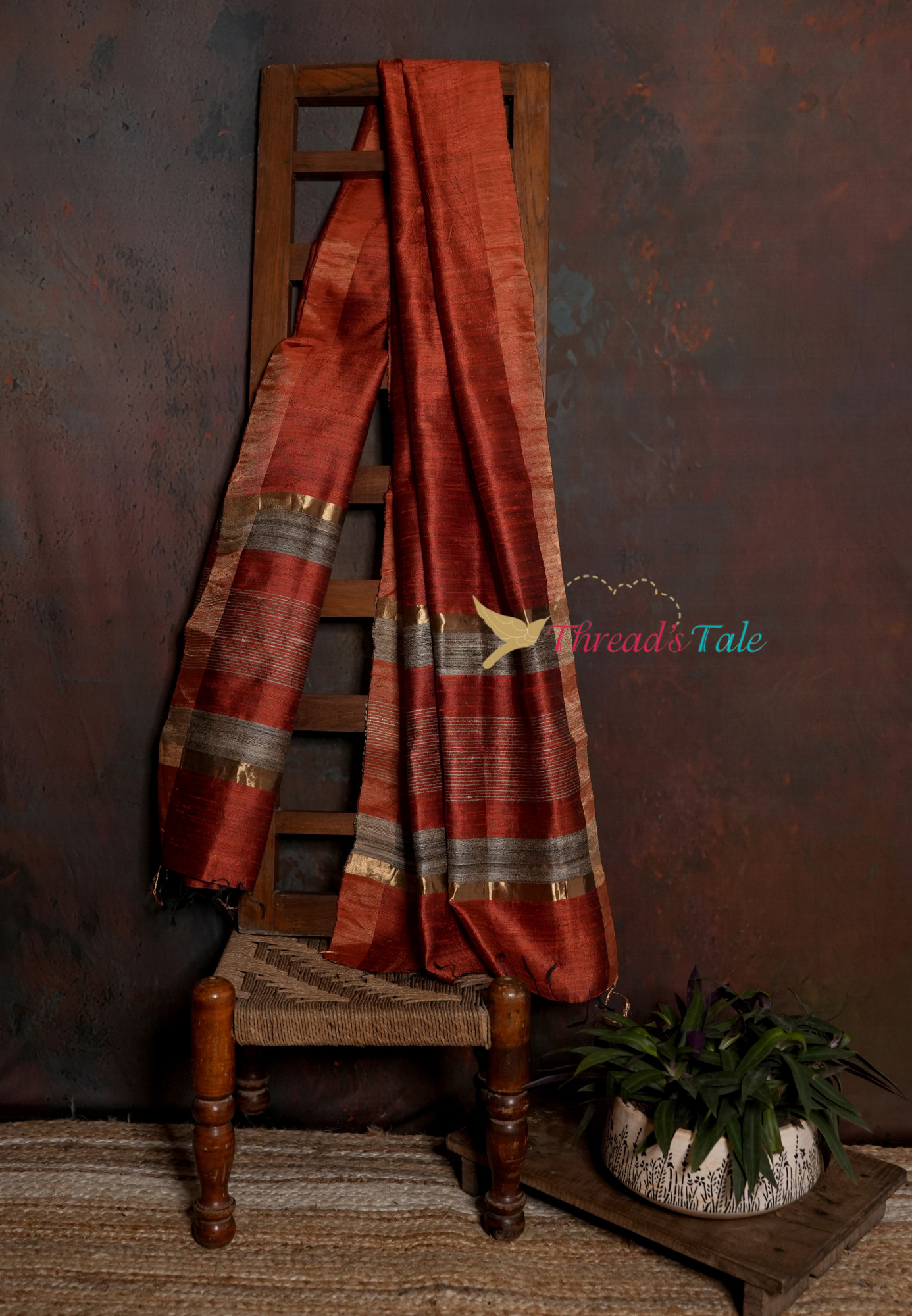 Handwoven Rust Orange Dupatta with Gold and Silver Borders