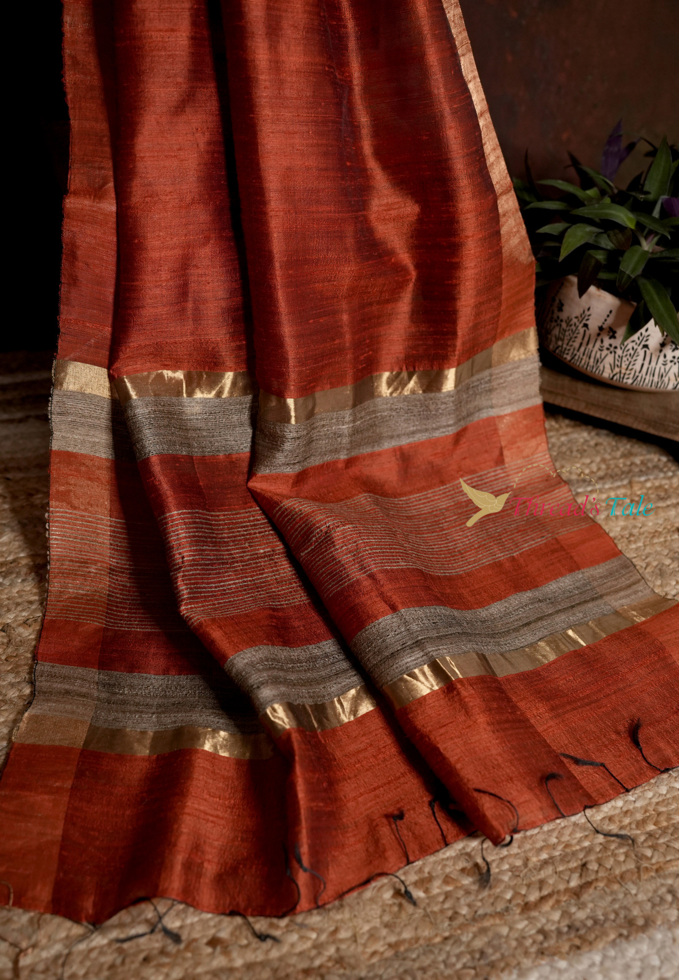 Handwoven Rust Orange Dupatta with Gold and Silver Borders