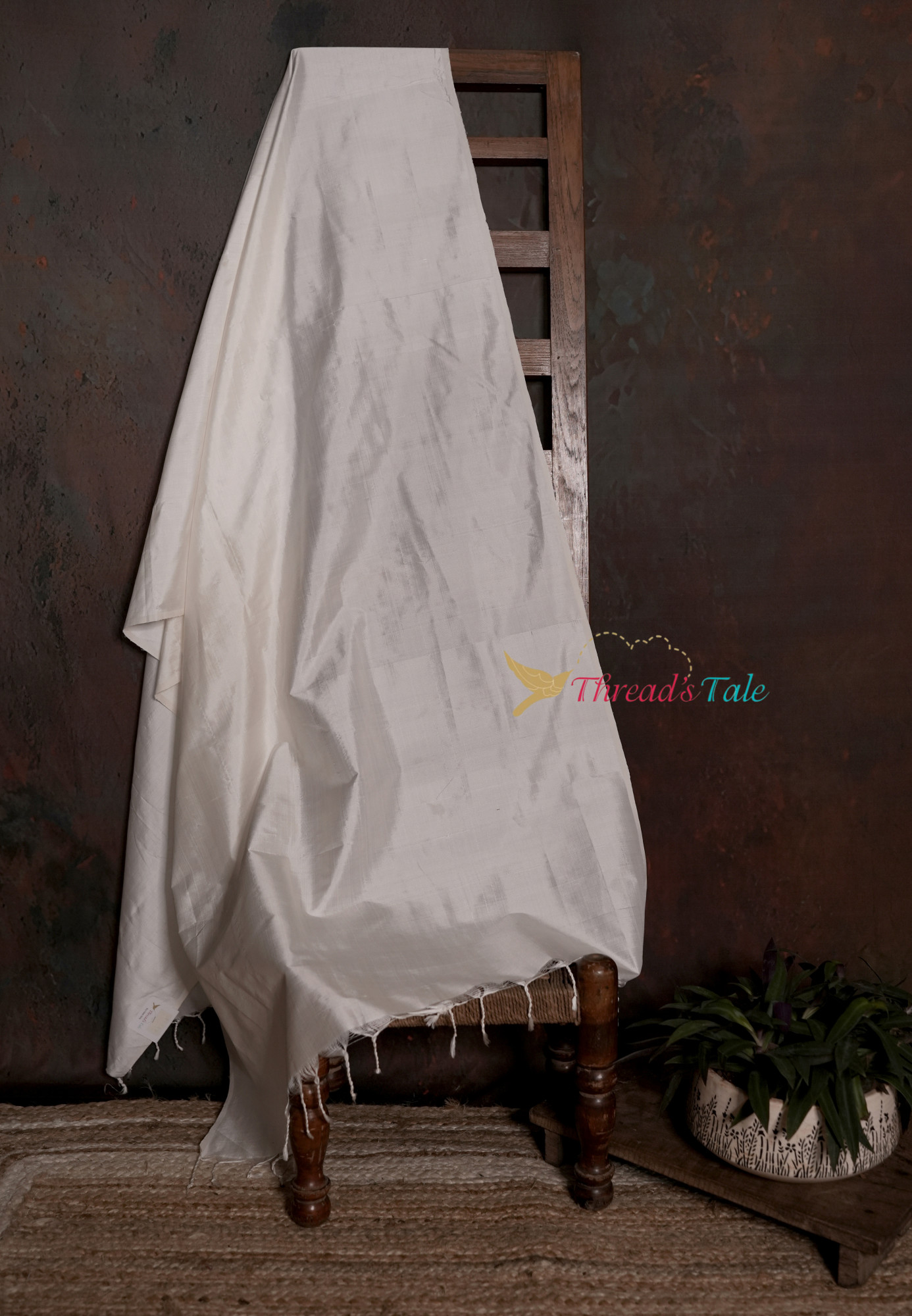 Handwoven Mulberry Silk Milky White Plain Dupatta