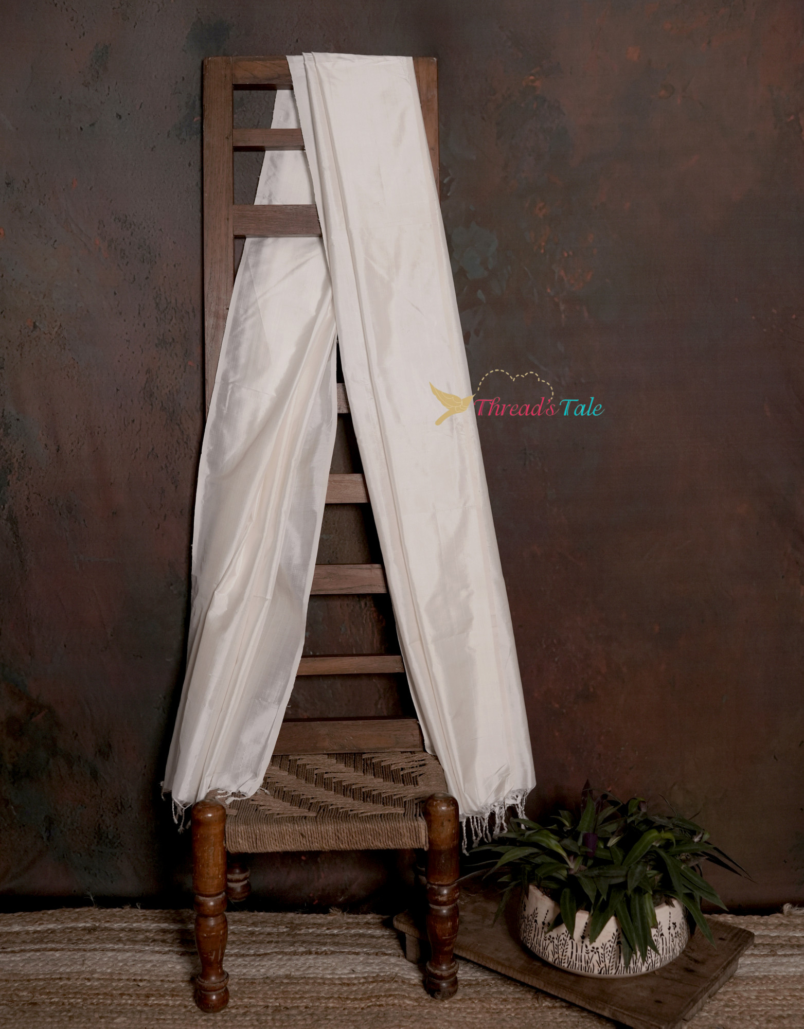 Handwoven Mulberry Silk Milky White Plain Dupatta