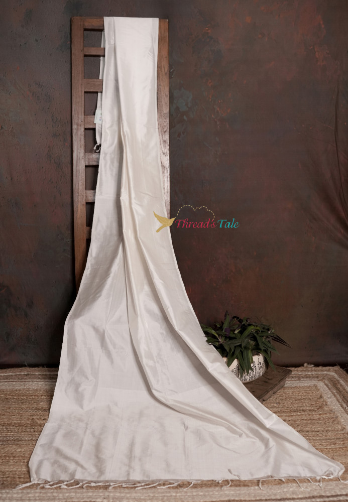 Image of Handwoven Mulberry Silk Milky White Plain Dupatta