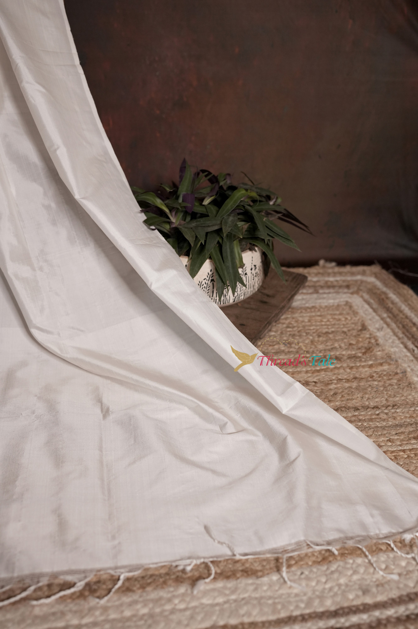 Handwoven Mulberry Silk Milky White Plain Dupatta