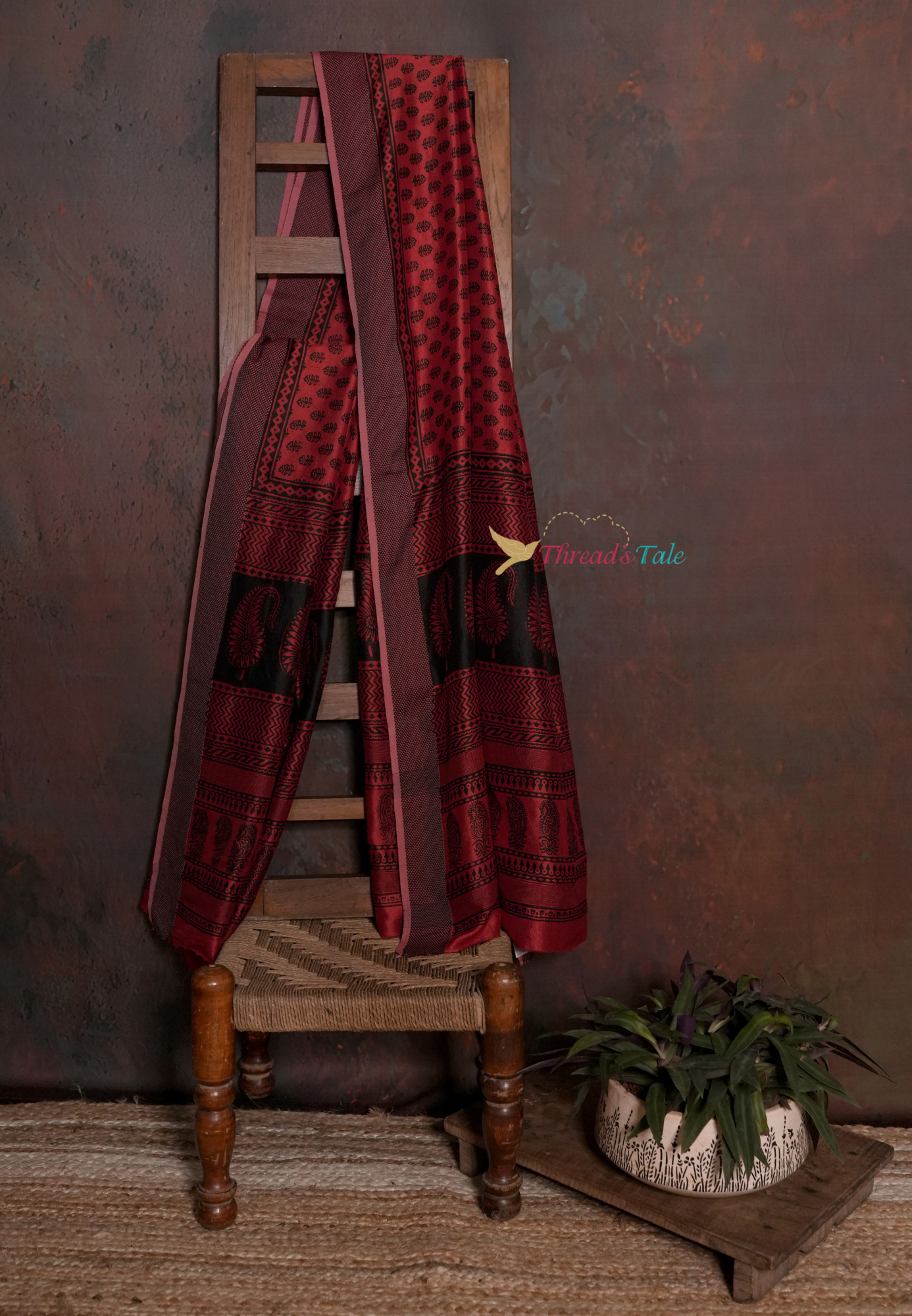 Handwoven Deep Red Mulberry Silk Dupatta With Hand Block Bagh Print