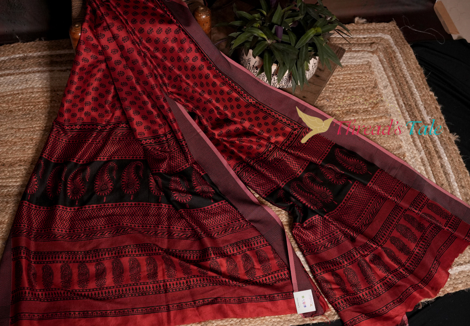 Handwoven Deep Red Mulberry Silk Dupatta With Hand Block Bagh Print