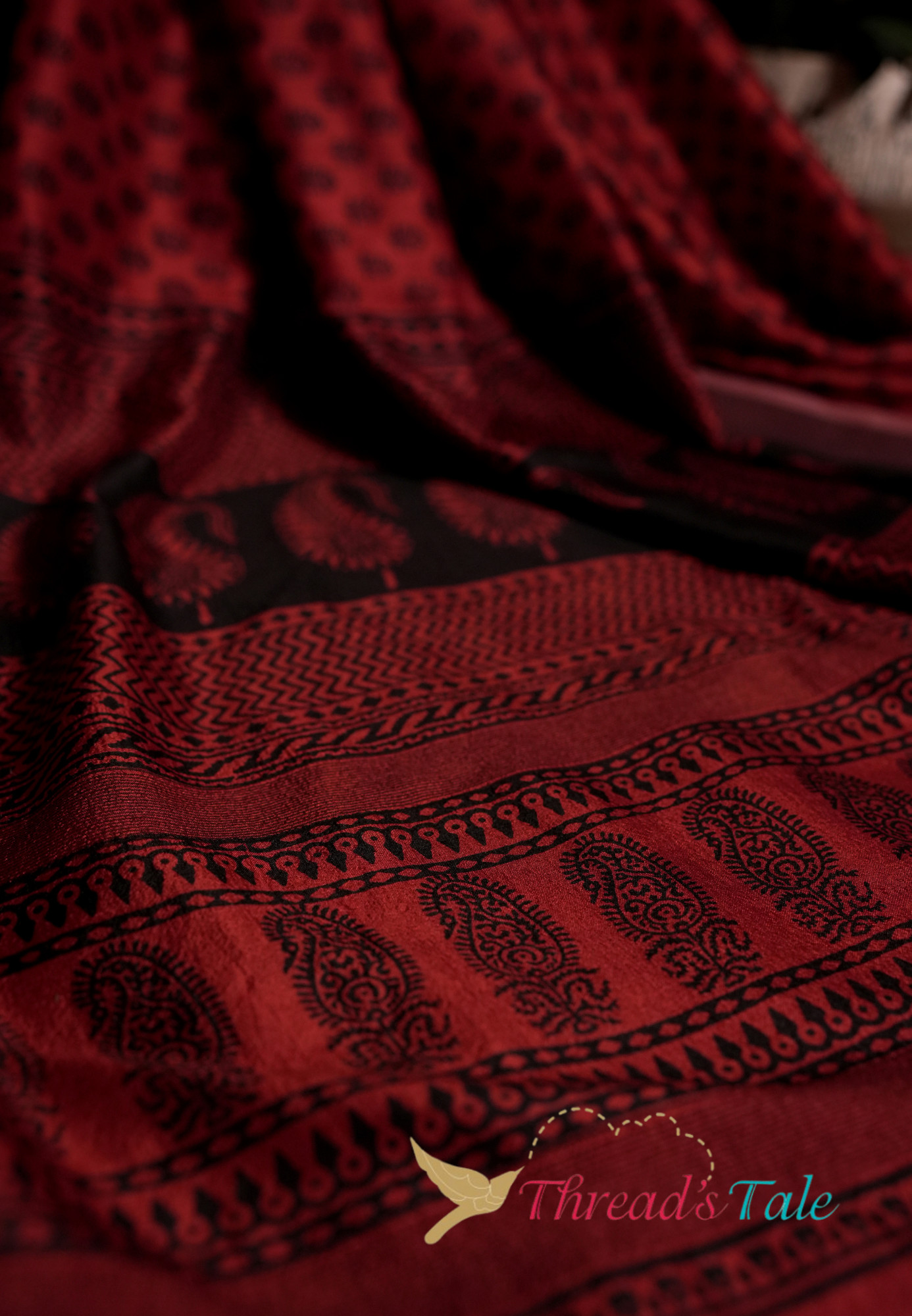 Handwoven Deep Red Mulberry Silk Dupatta With Hand Block Bagh Print