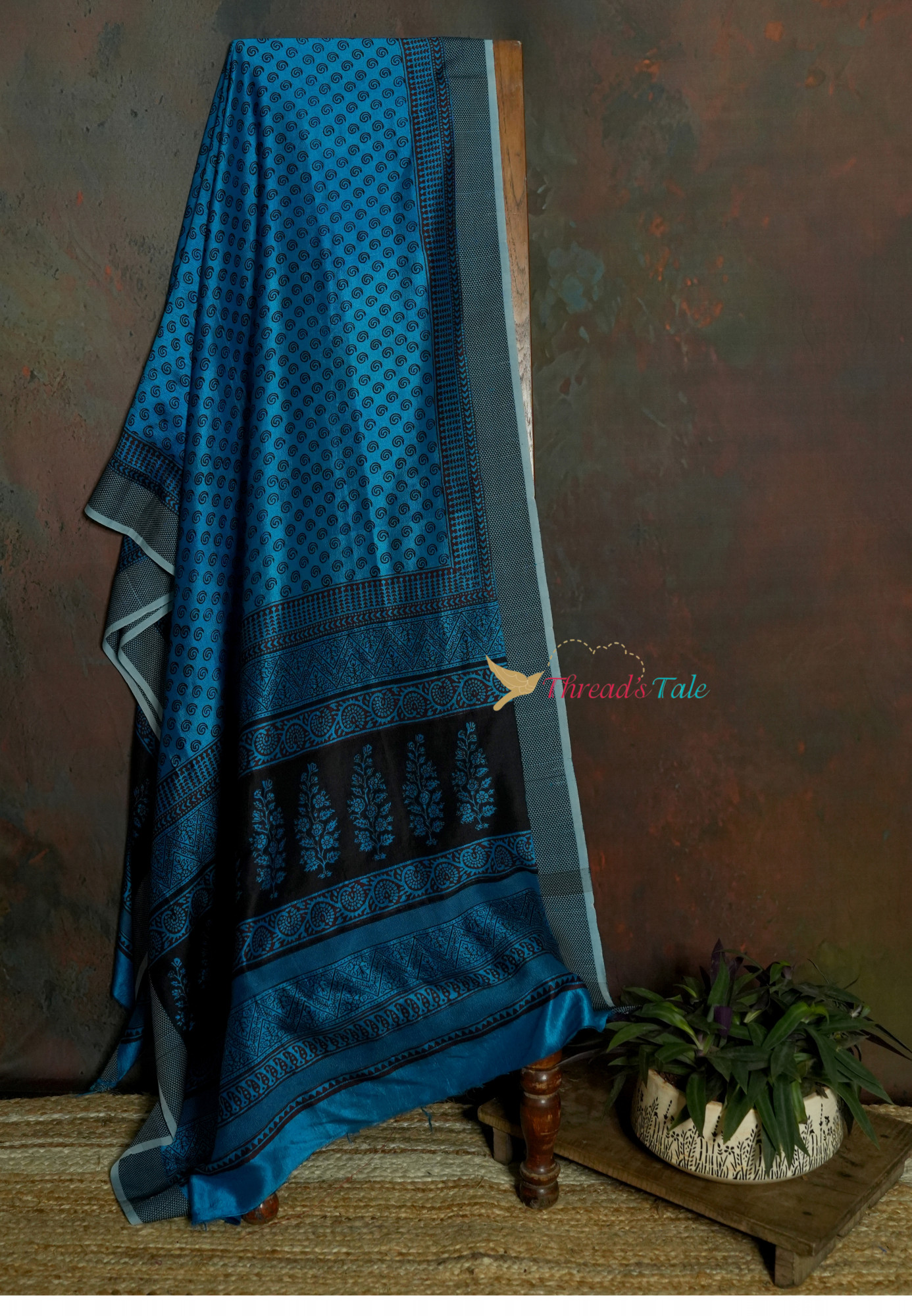 Handwoven Blue Mulberry Silk Dupatta With Hand Block Bagh Print