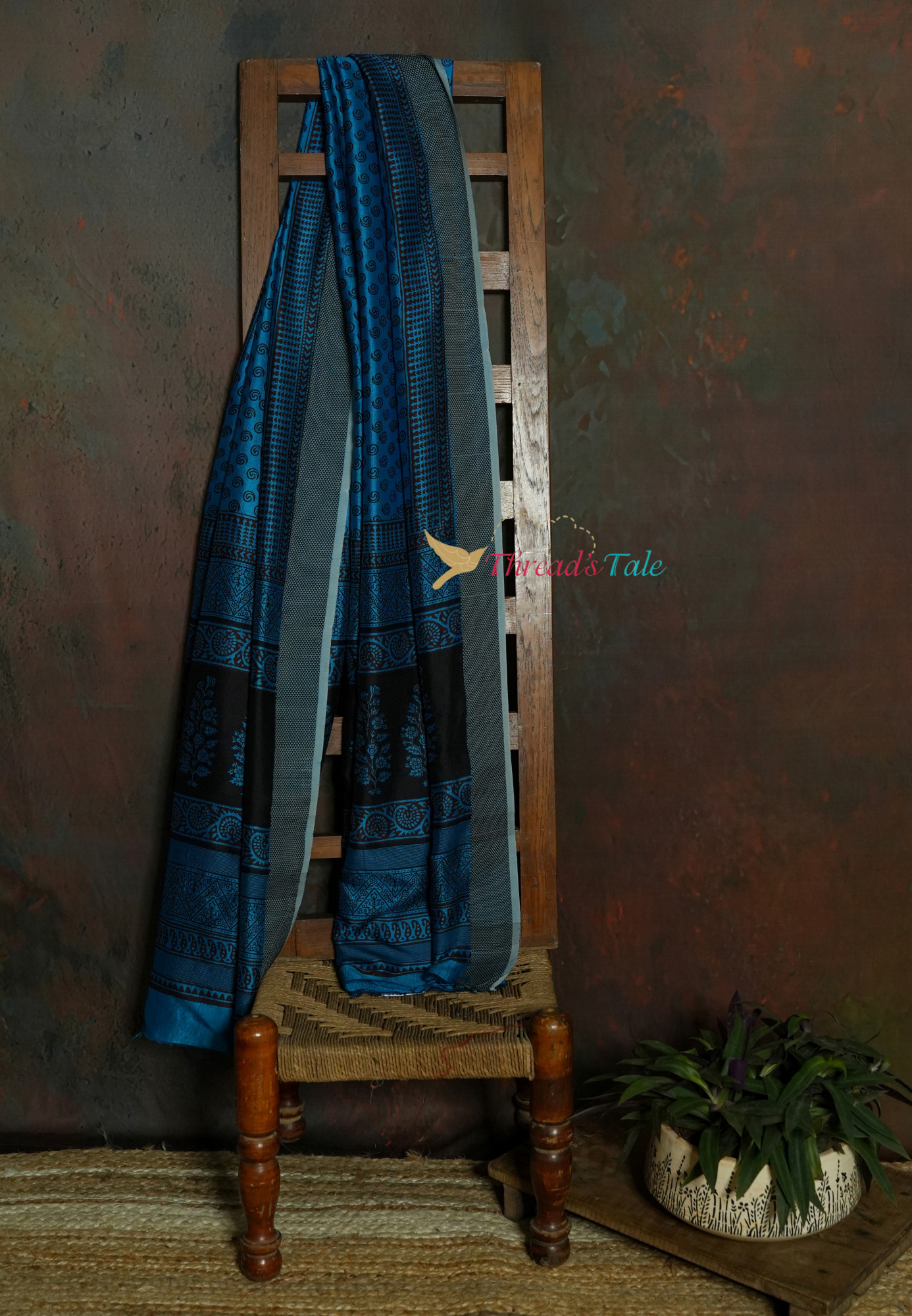 Handwoven Blue Mulberry Silk Dupatta With Hand Block Bagh Print