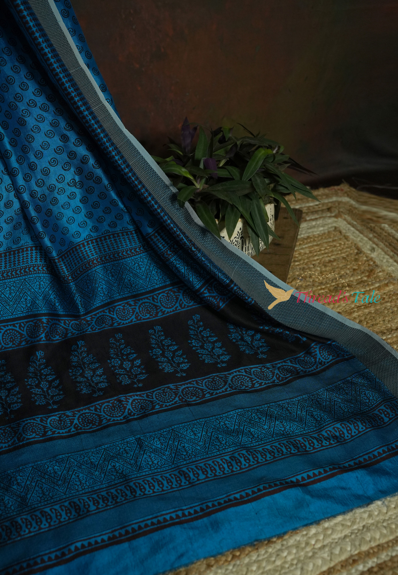 Handwoven Blue  Mulberry Silk Dupatta With Hand Block Bagh Print