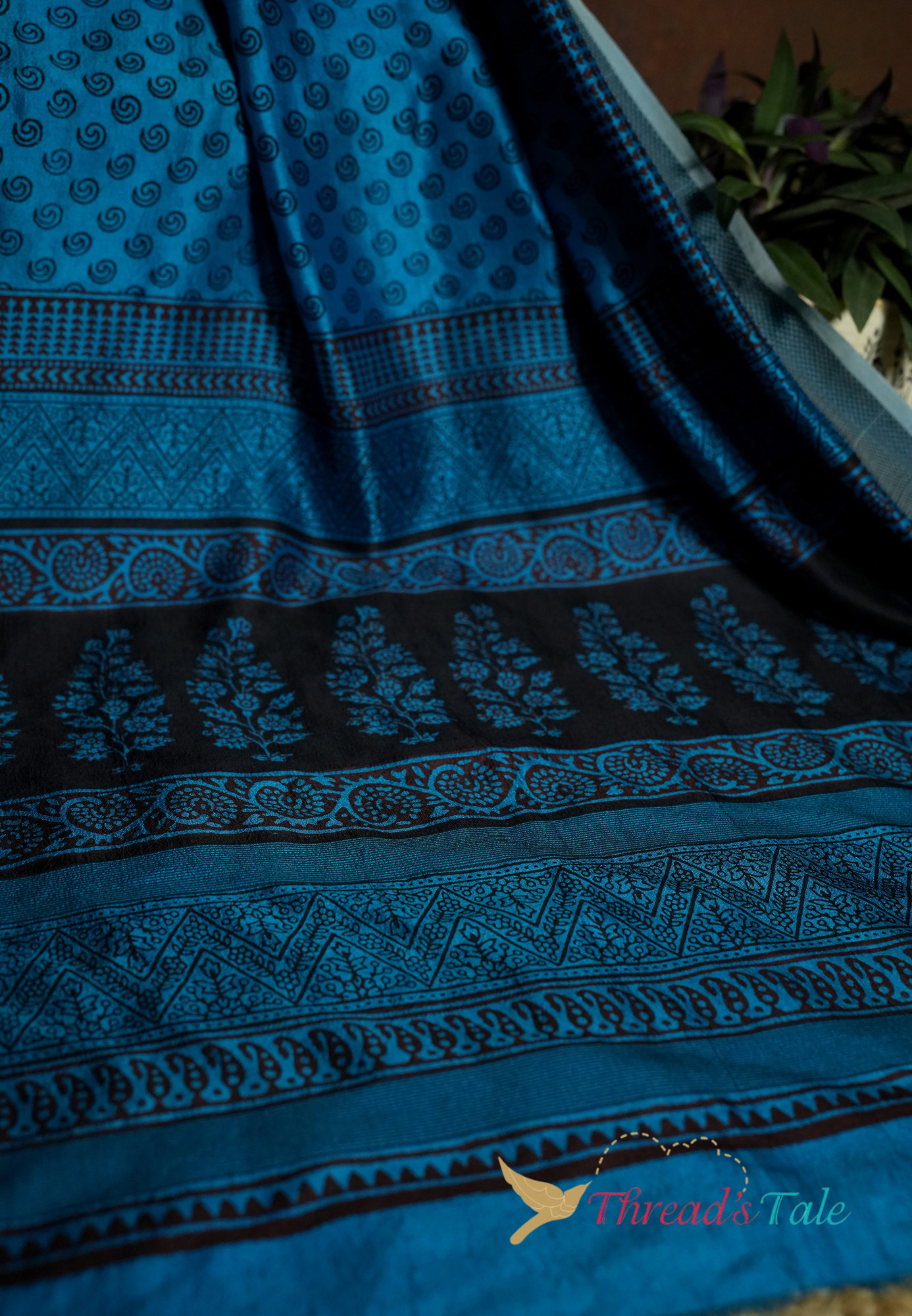 Handwoven Blue Mulberry Silk Dupatta With Hand Block Bagh Print