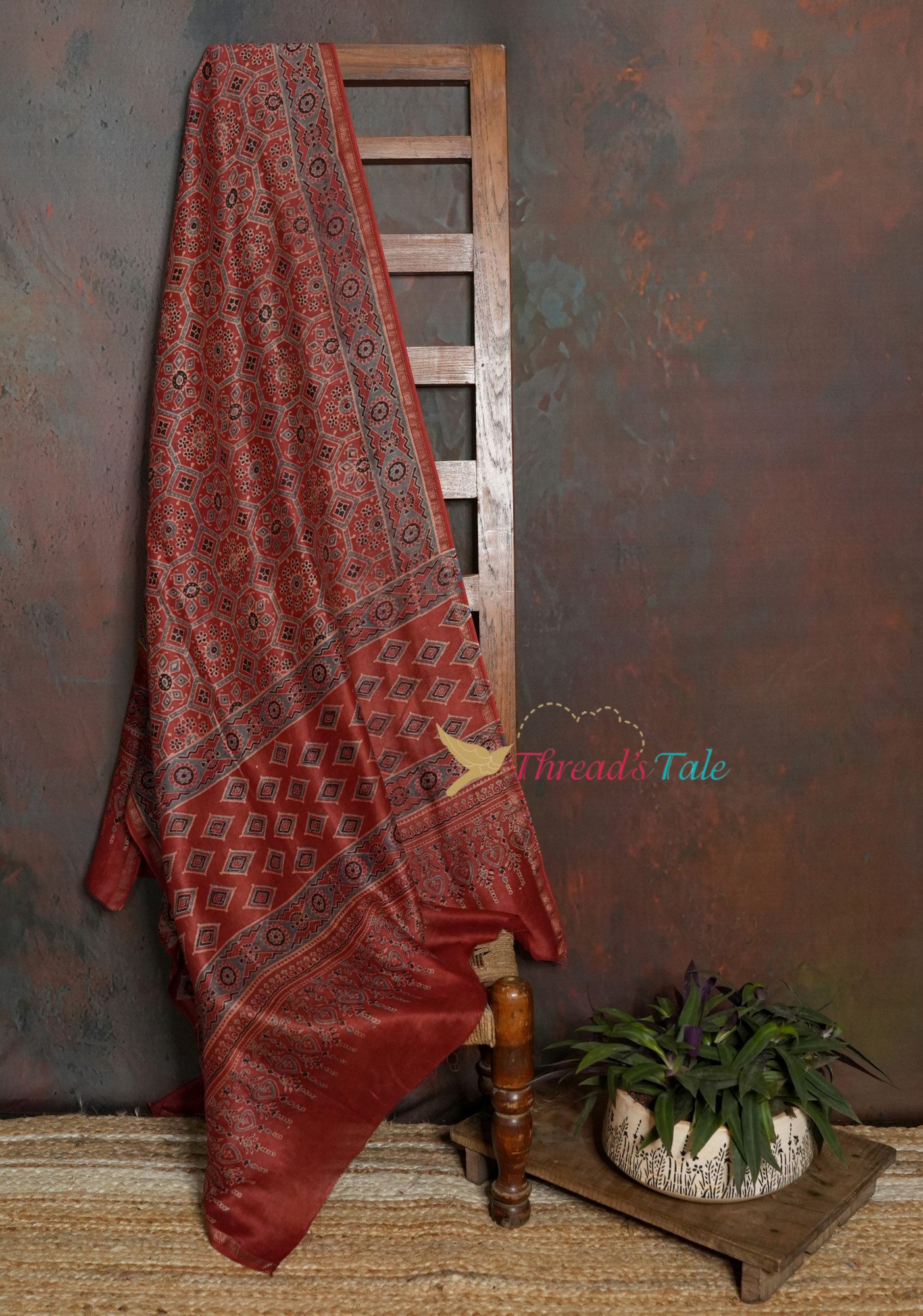 Handwoven Rust Ajrakh Printed Dupatta
