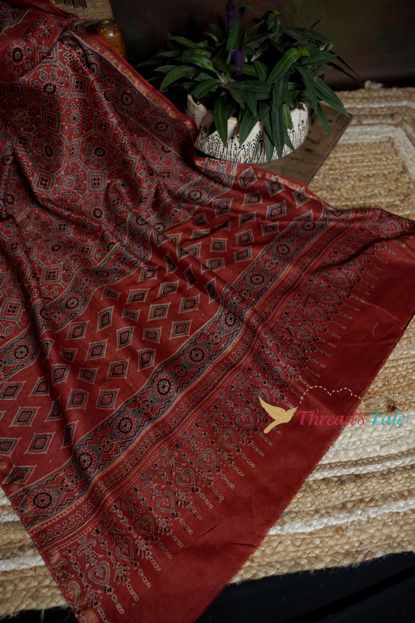 Handwoven Rust Ajrakh Printed Dupatta