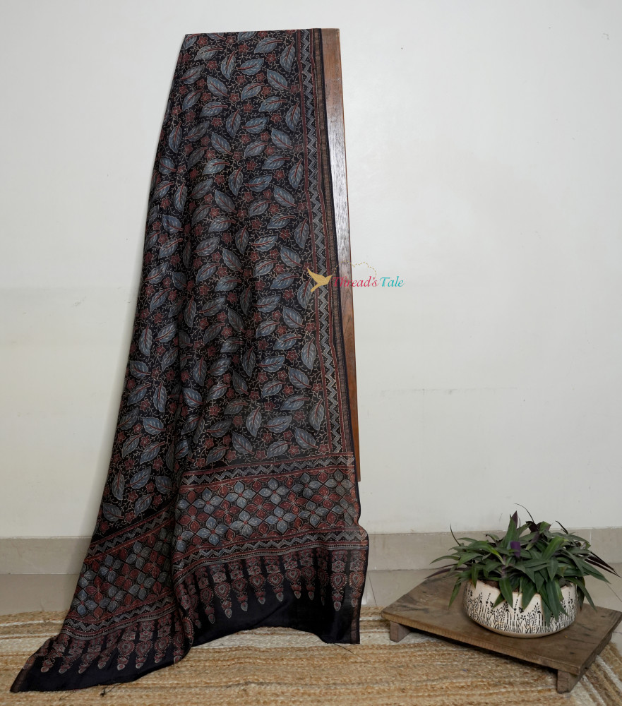 Image of Handwoven Black Ajrakh Printed Tussar Dupatta