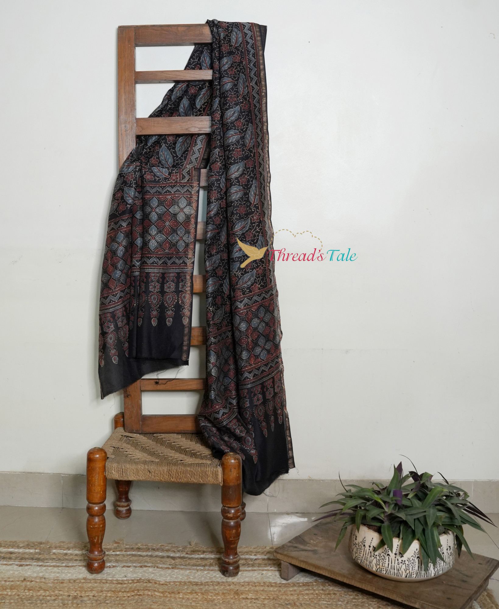 Handwoven Black Ajrakh Printed Tussar Dupatta
