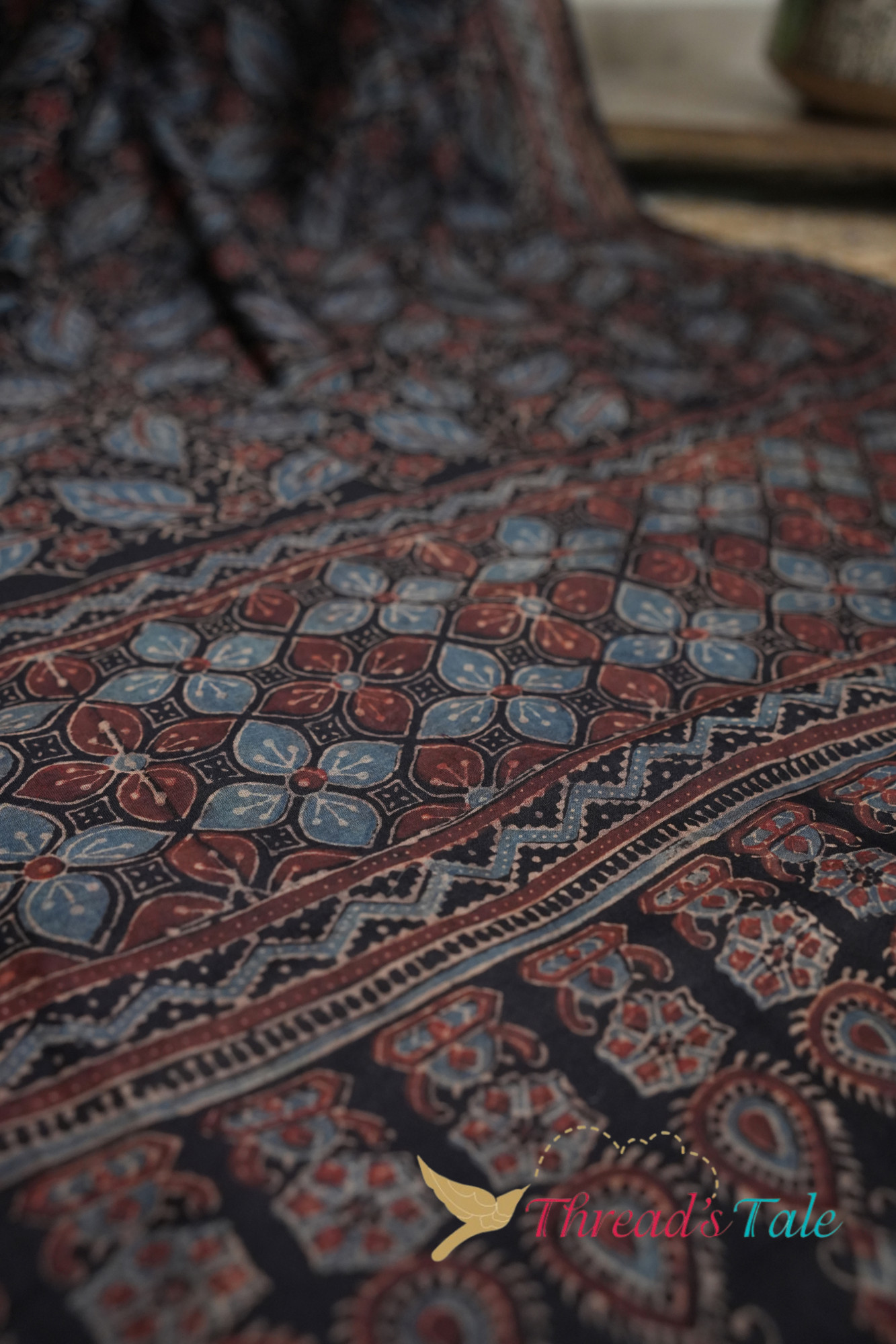 Handwoven Black Ajrakh Printed Tussar Dupatta