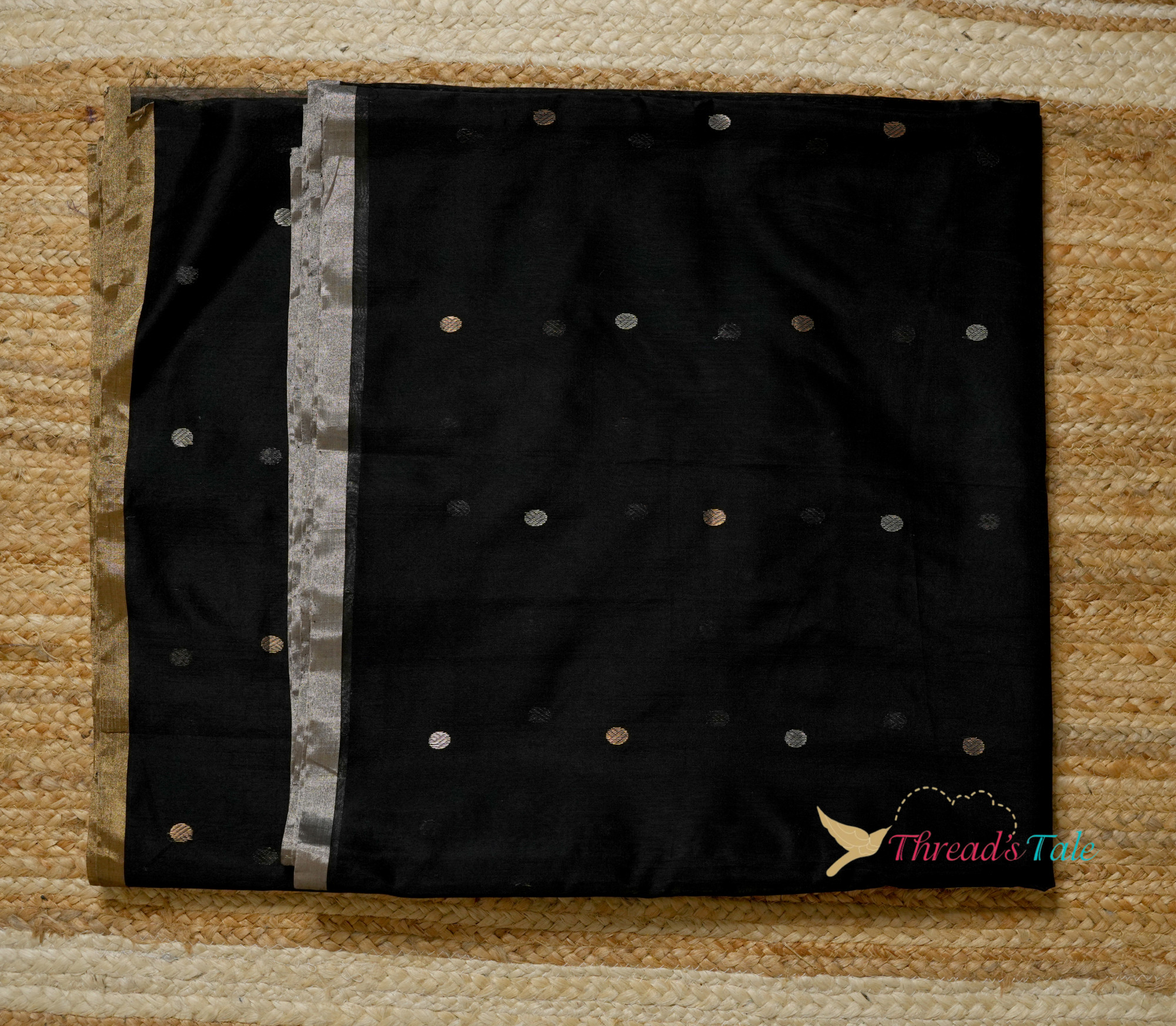 Black Handwoven Golden Silver Butta Chanderi Fabric