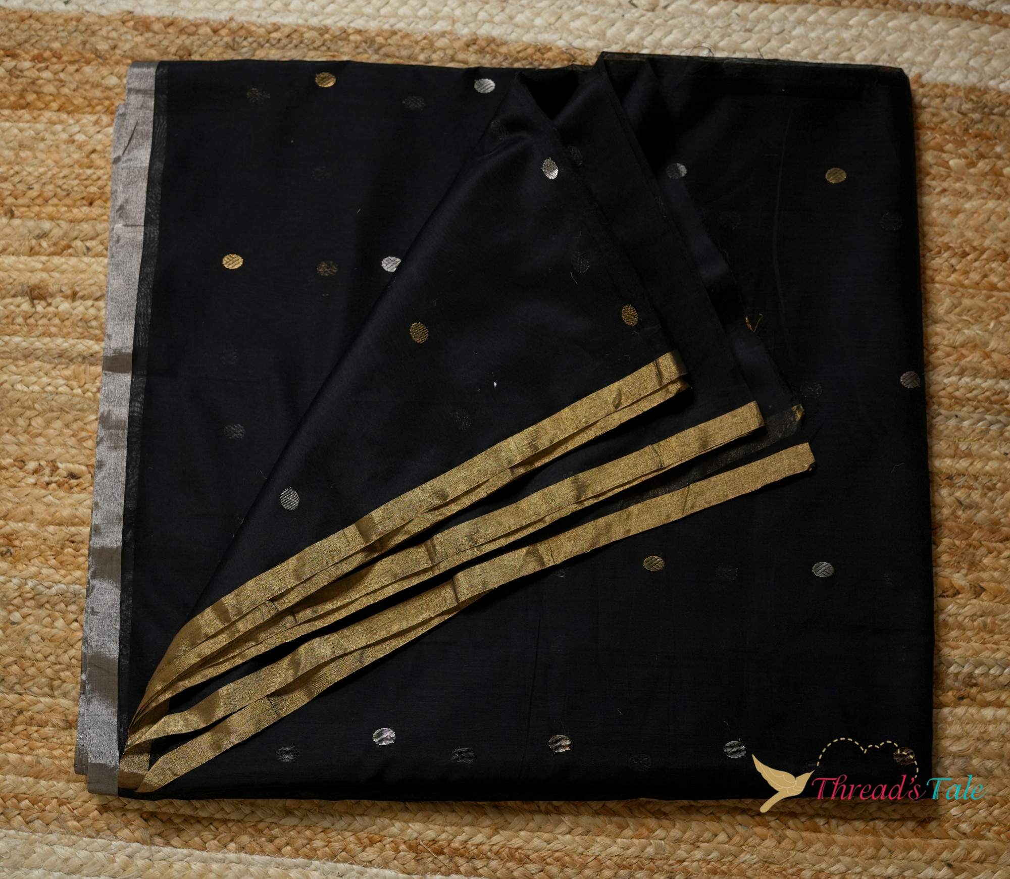 Black Handwoven Golden Silver Butta Chanderi Fabric
