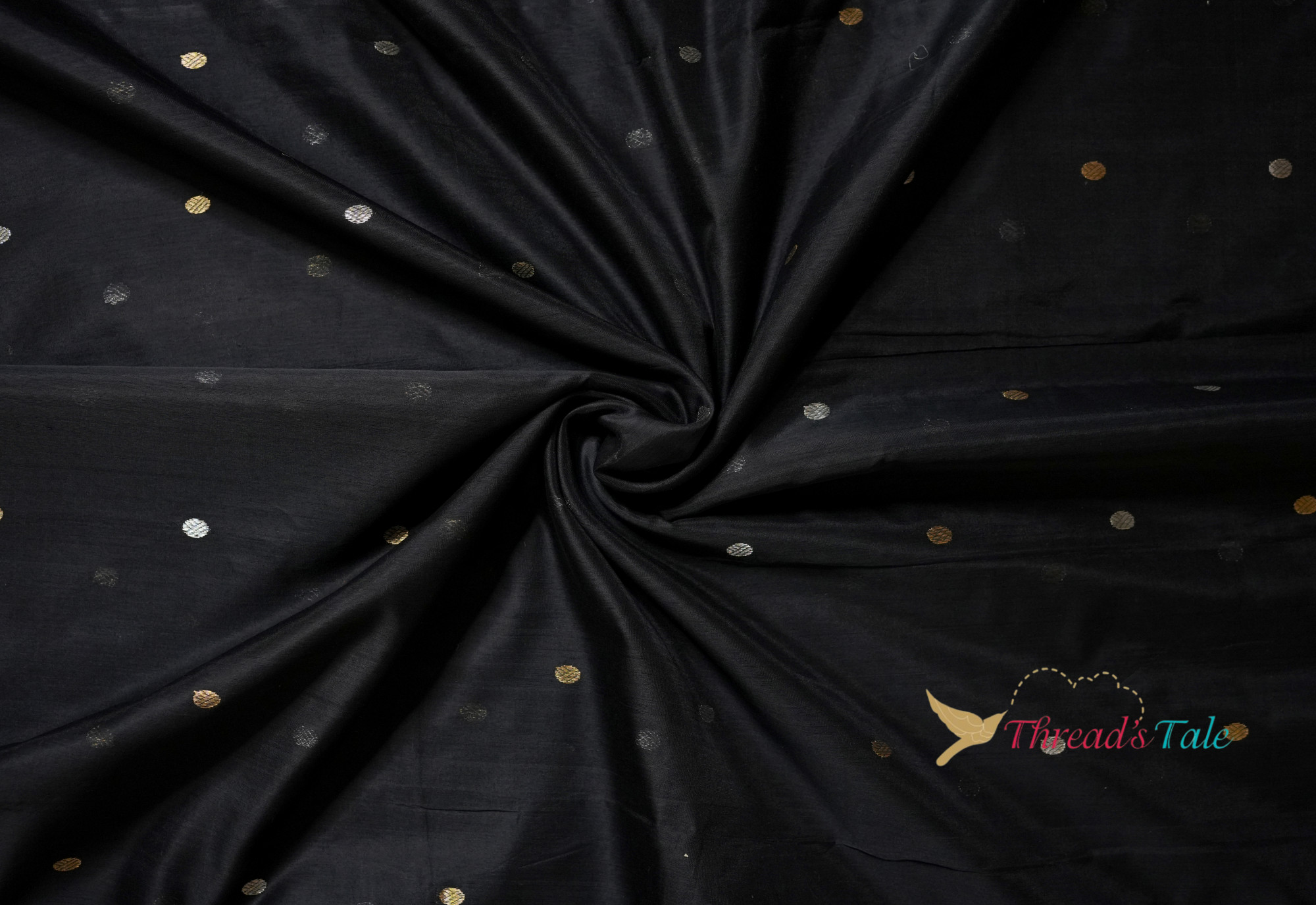 Black Handwoven Golden Silver Butta Chanderi Fabric