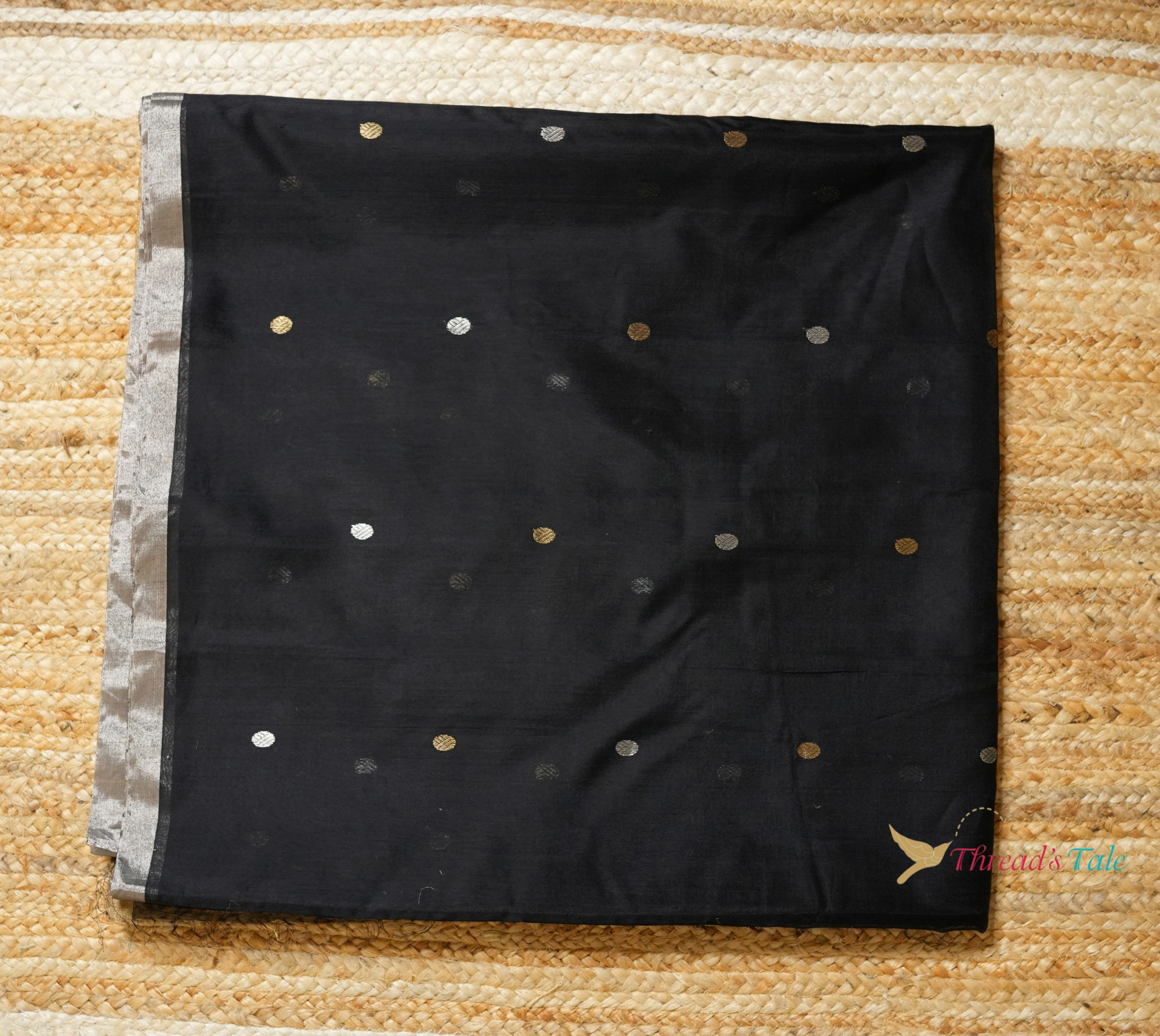 Black Handwoven Golden Silver Butta Chanderi Fabric