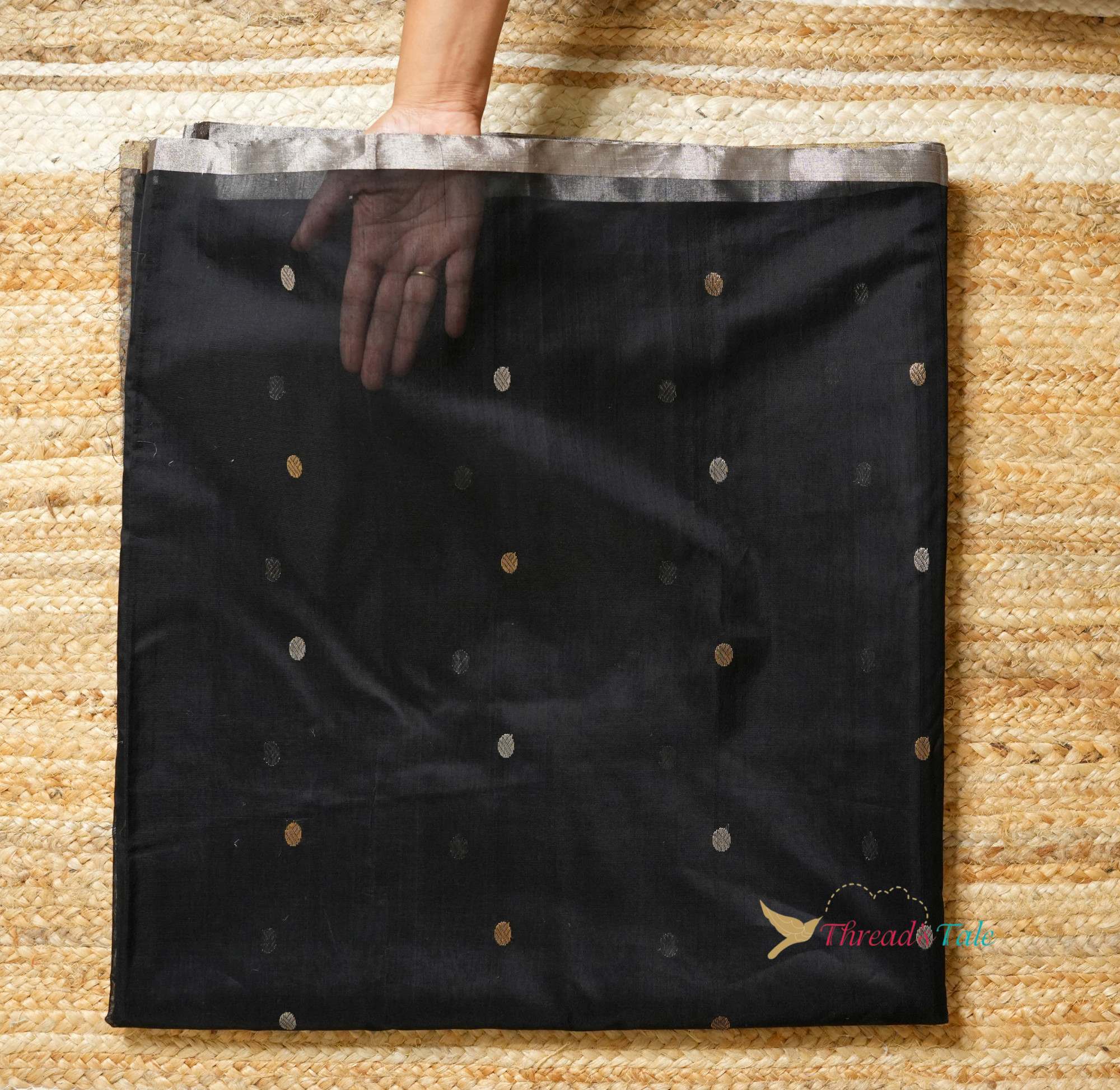 Black Handwoven Golden Silver Butta Chanderi Fabric