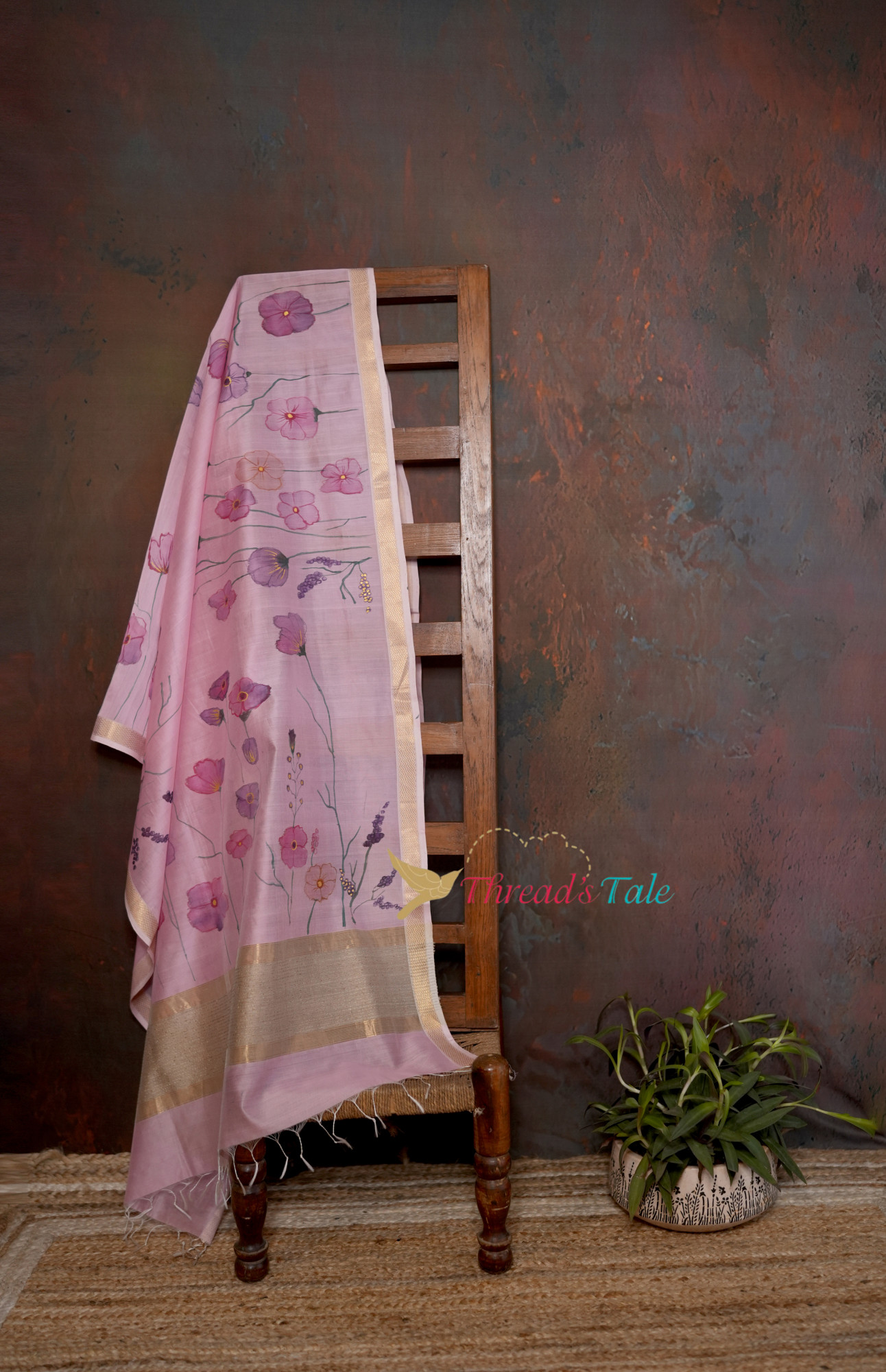 Pink Handpainted Floral Silk-Cotton Dupatta