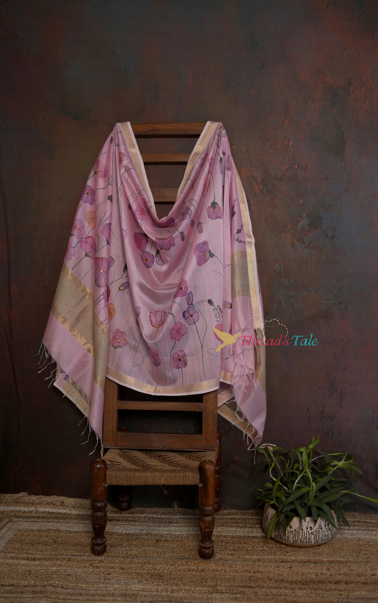 Pink Handpainted Floral Silk-Cotton Dupatta