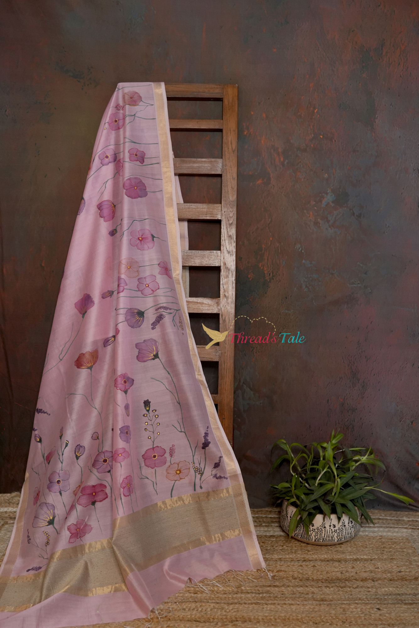 Pink Handpainted Floral Silk-Cotton Dupatta