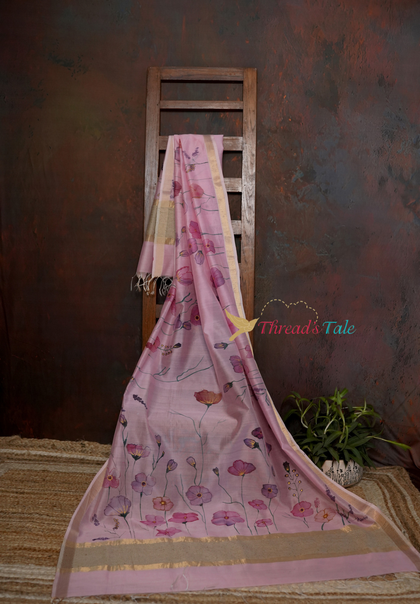 Pink Handpainted Floral Silk-Cotton Dupatta