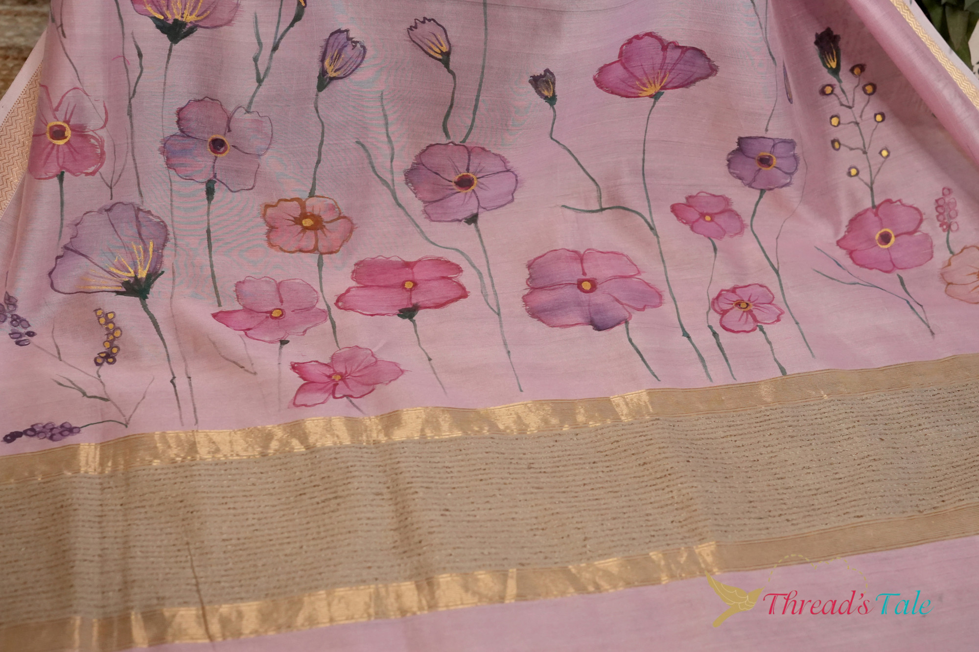 Pink Handpainted Floral Silk-Cotton Dupatta