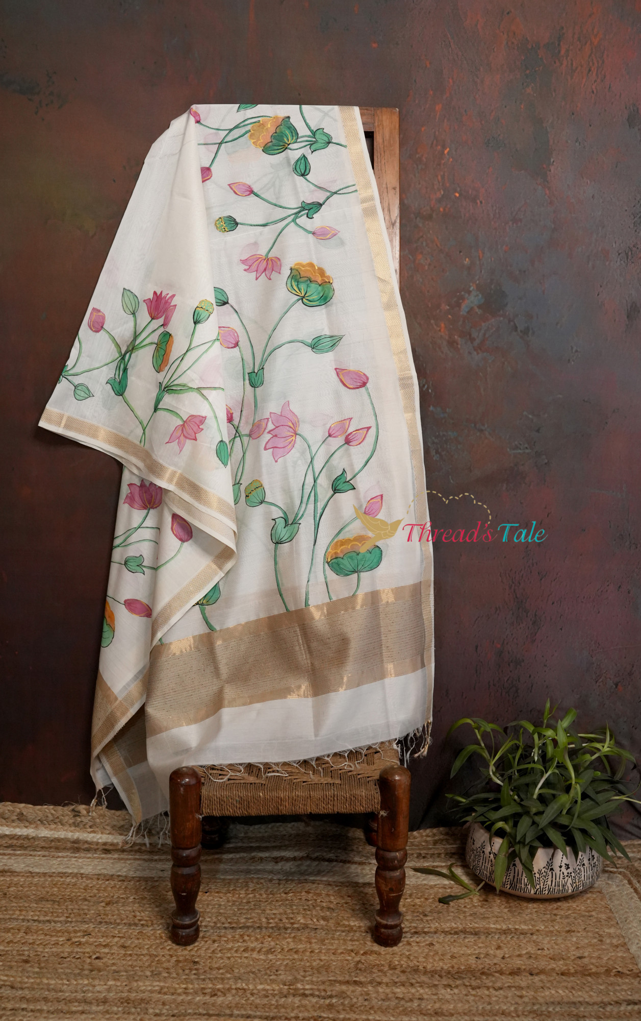 White Handpainted Floral Silk-Cotton Dupatta