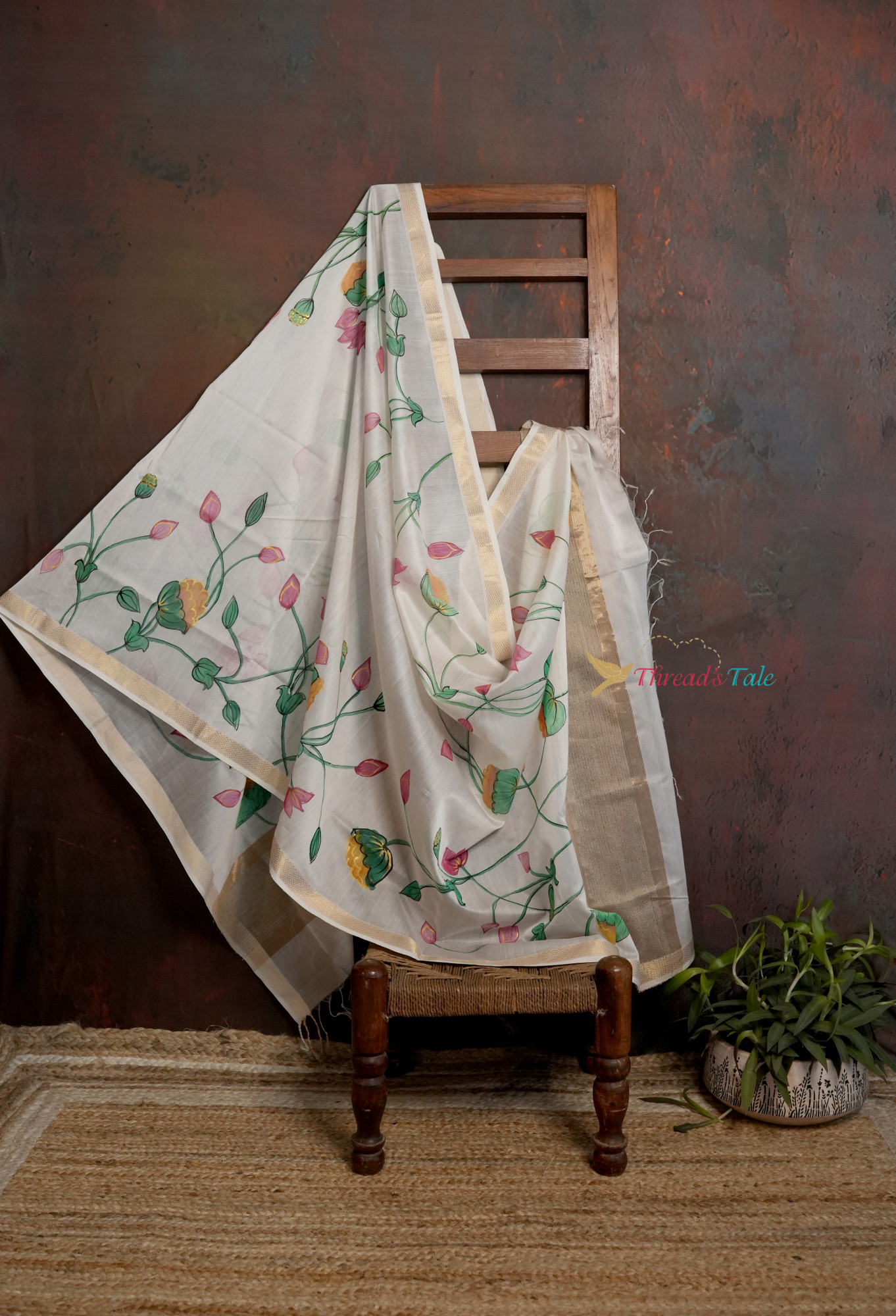 White Handpainted Floral Silk-Cotton Dupatta
